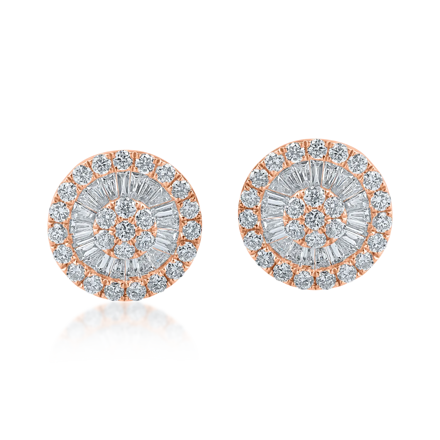 Cercei rotunzi din aur roz cu diamante baguette si rotunde de 0.9ct