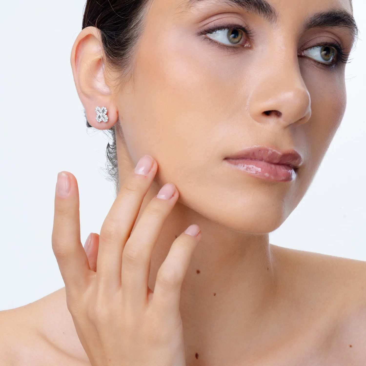 Cercei floare din aur alb cu diamante baguette si rotunde de 1.1ct - imagine 3