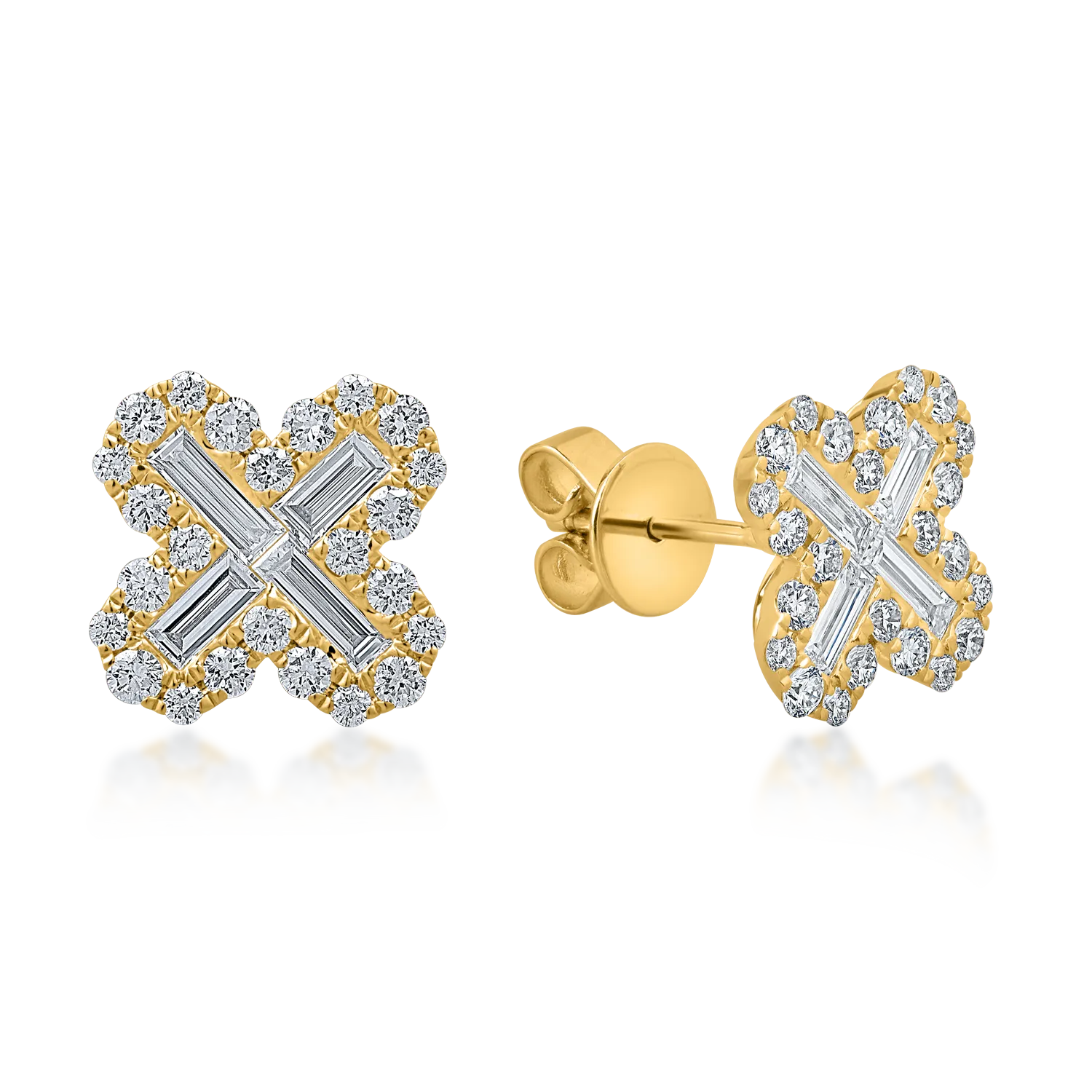 Cercei floare din aur galben cu diamante baguette si rotunde de 1.0ct
