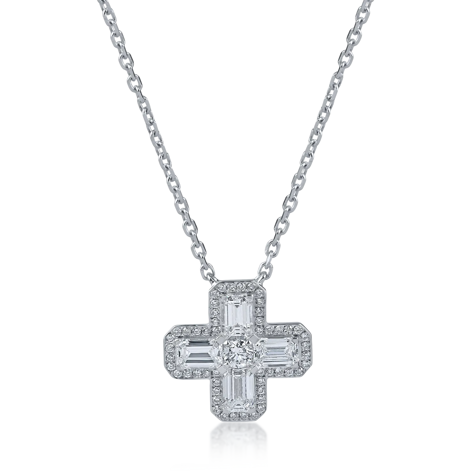 Teilor Lant cu pandantiv cruce din aur alb cu diamante emerald si rotunde de 0.9ct