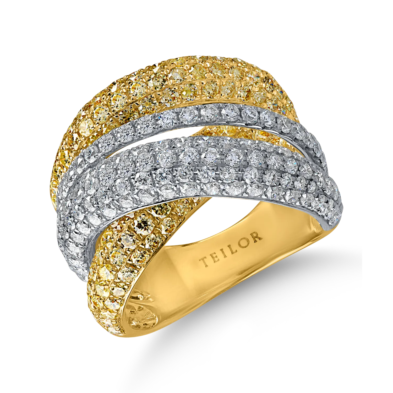 White-yellow gold ring with 4.1ct yellow and clear microsetting diamonds