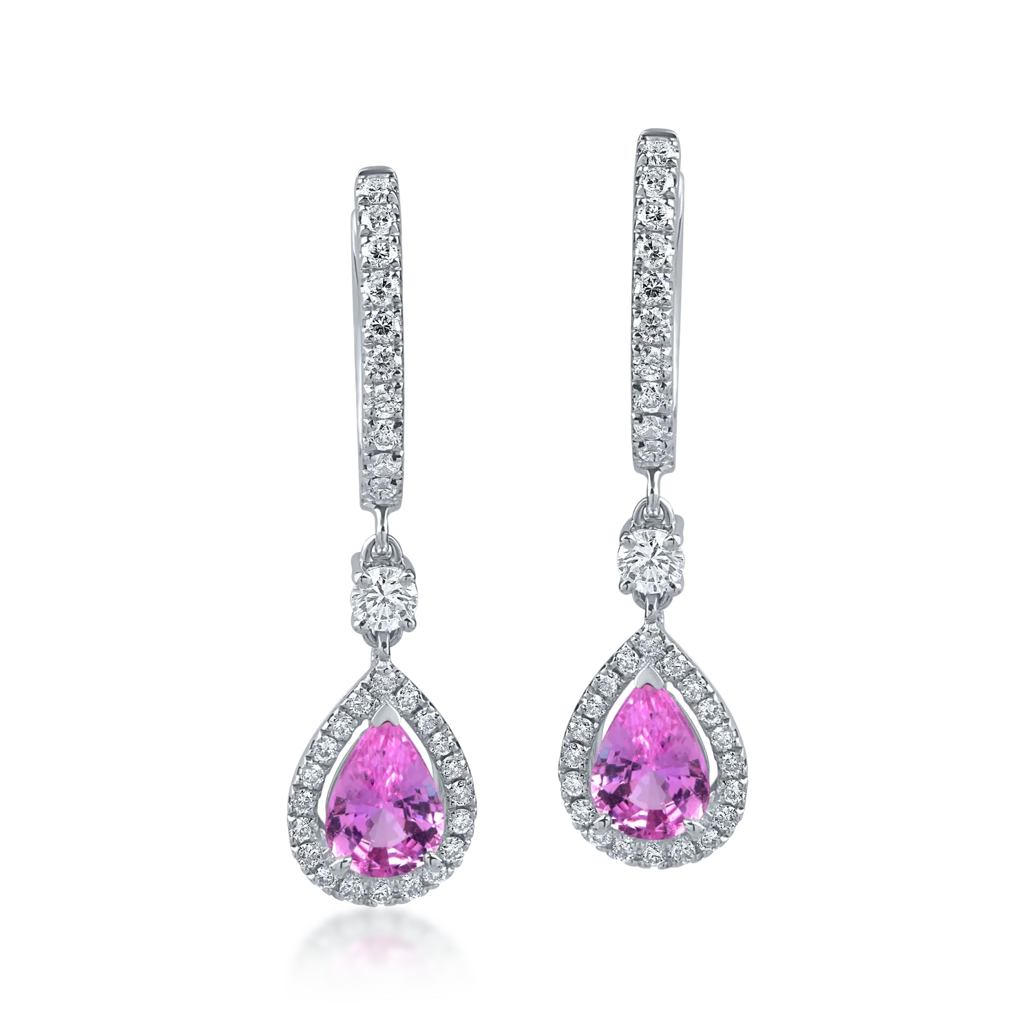 White gold teardrop earrings with 1.3ct pink sapphires and 0.5ct diamonds