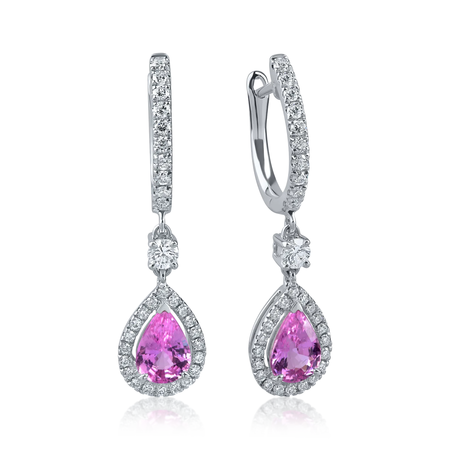 White gold teardrop earrings with 1.3ct pink sapphires and 0.5ct diamonds