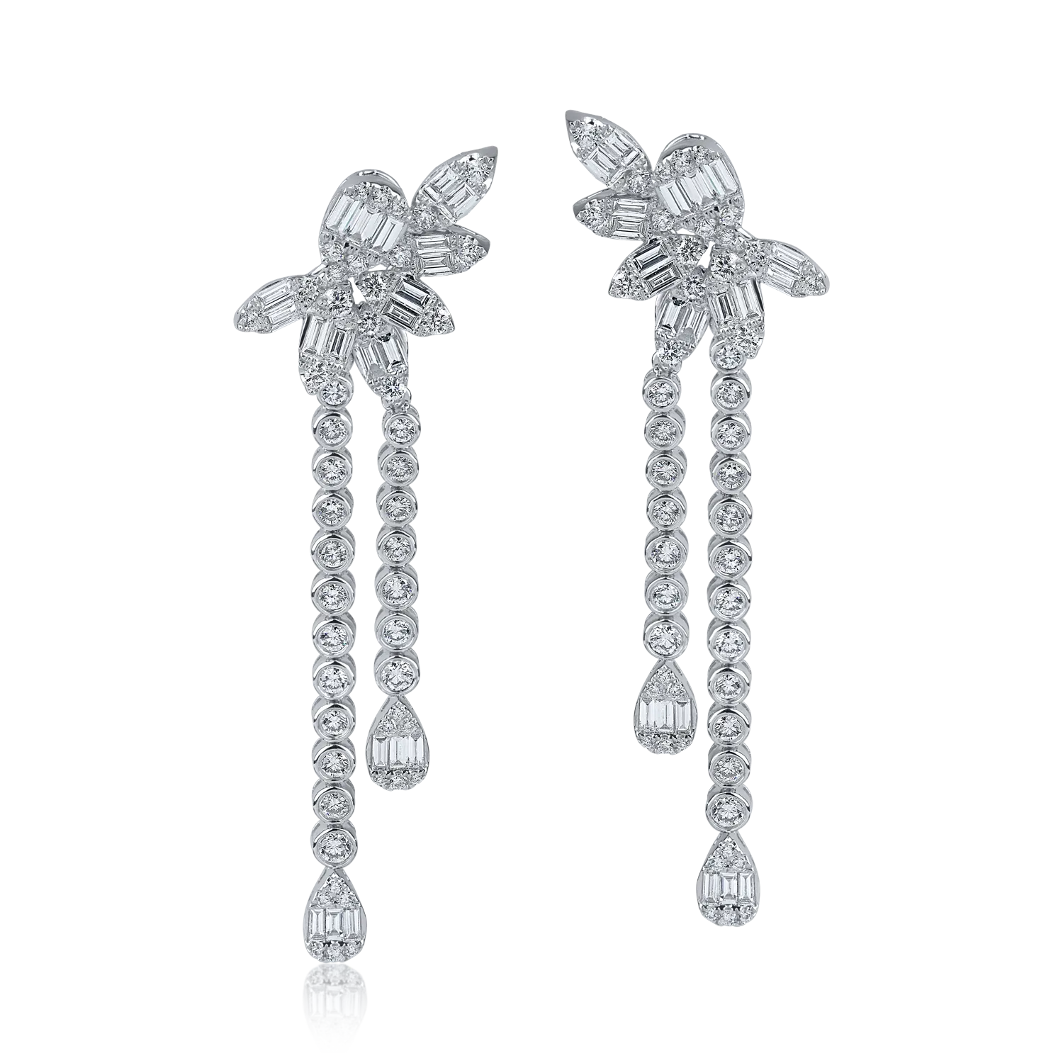 White gold long flower earrings with 2.5ct diamonds