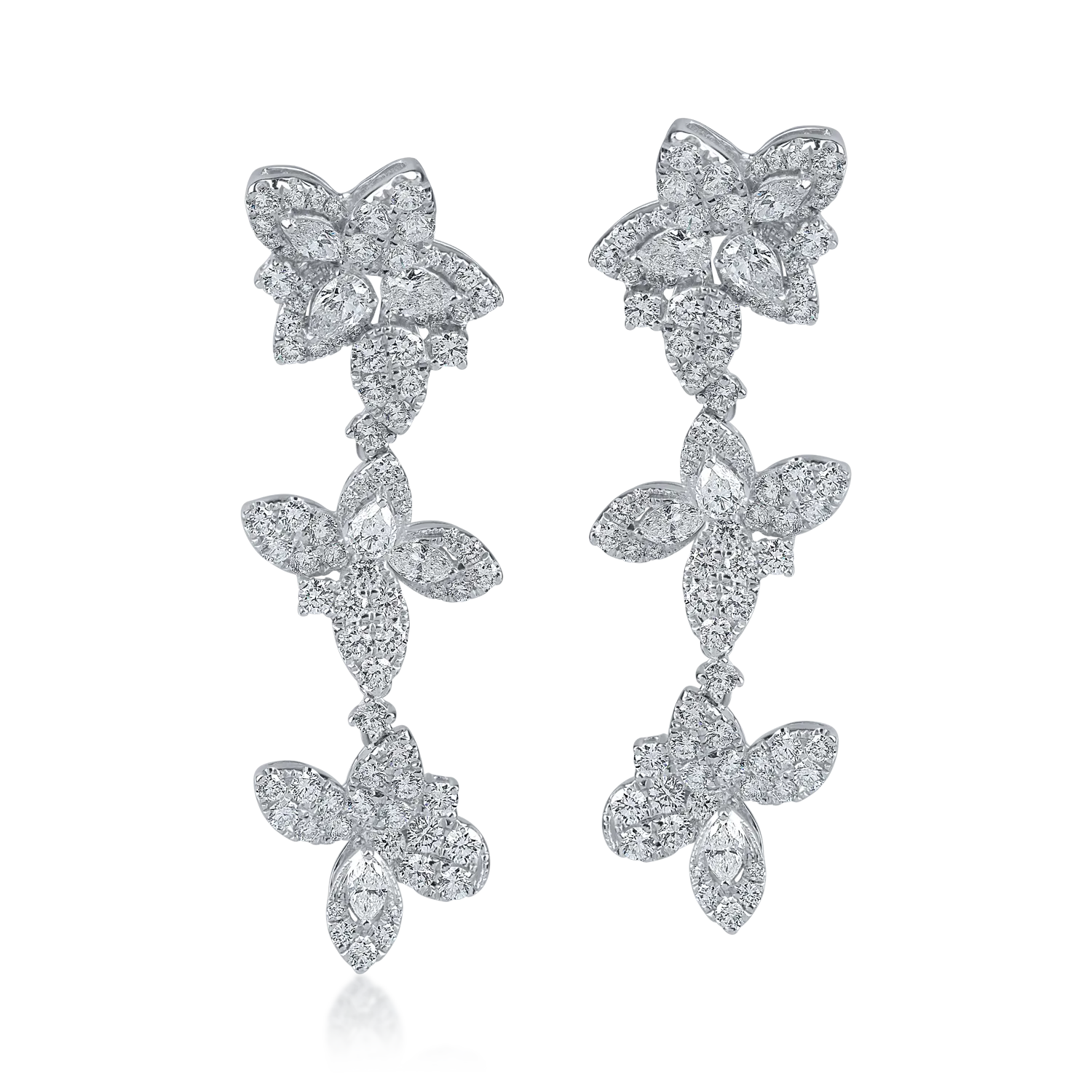 White gold flower long earrings with 4.1ct diamonds