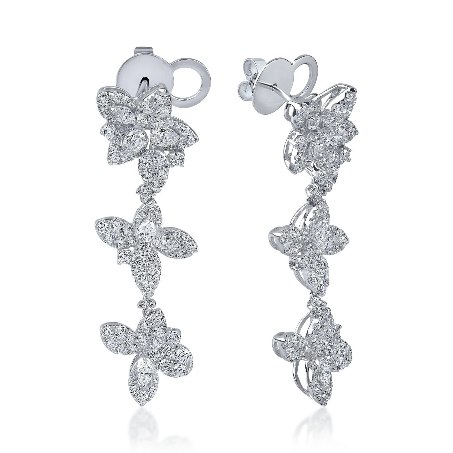 White gold flower long earrings with 4.1ct diamonds