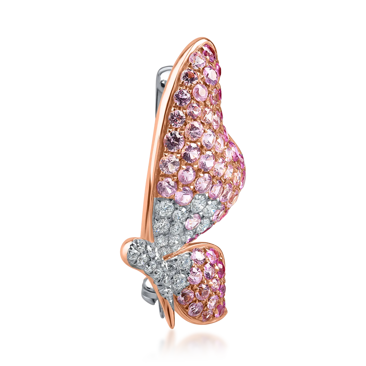 Broszka motylkowa z białego różowego złota z różowymi szafirami i diamentami o masie 1.49ct