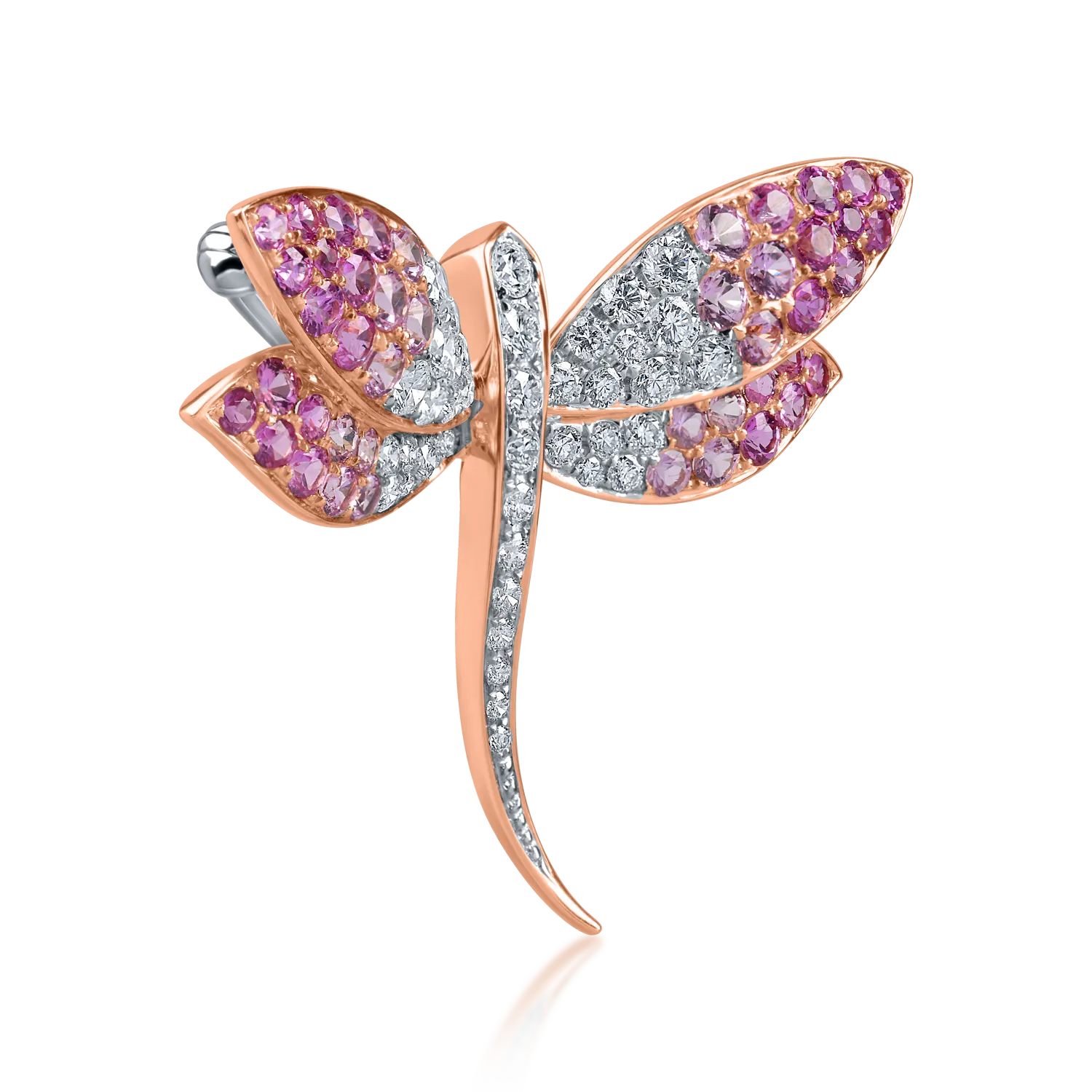 White-rose gold dragonfly brooch with 1.7ct pink sapphires and 0.8ct diamonds