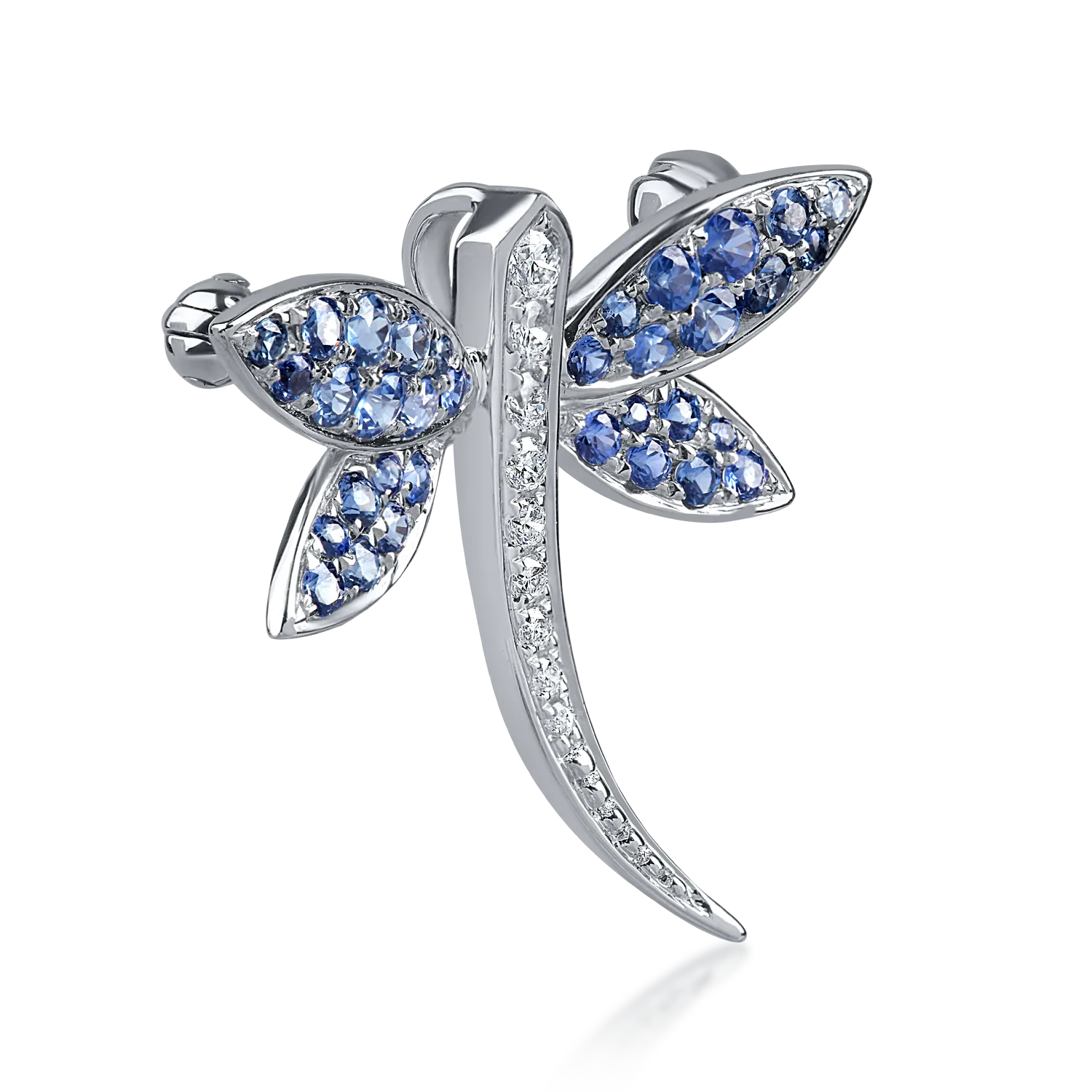 Broszka motylkowa z białego złota z niebieskimi szafirami o masie 0.64ct i diamentami o masie 0.11ct