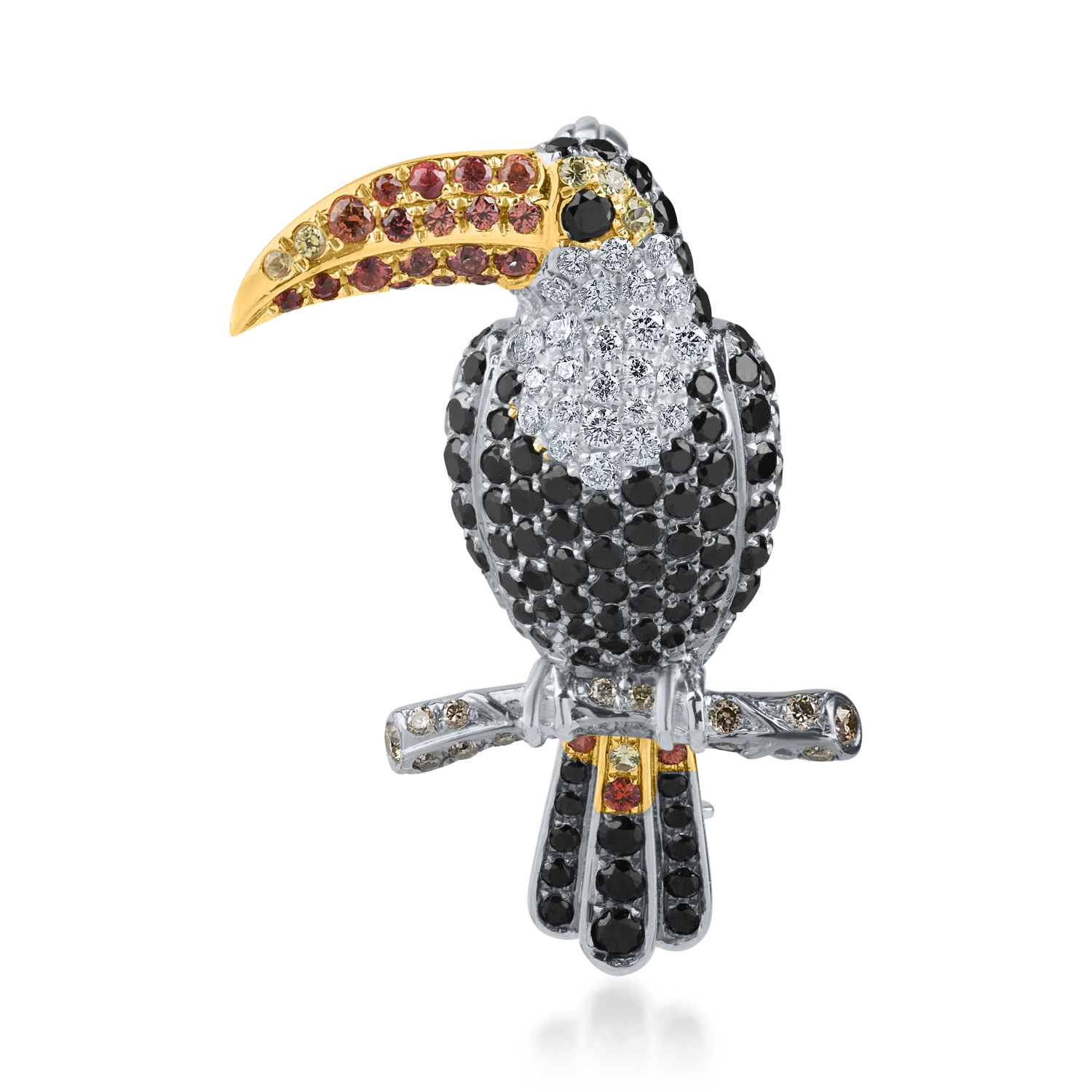 White gold toucan brooch with 1.44ct diamonds and 0.27ct sapphires