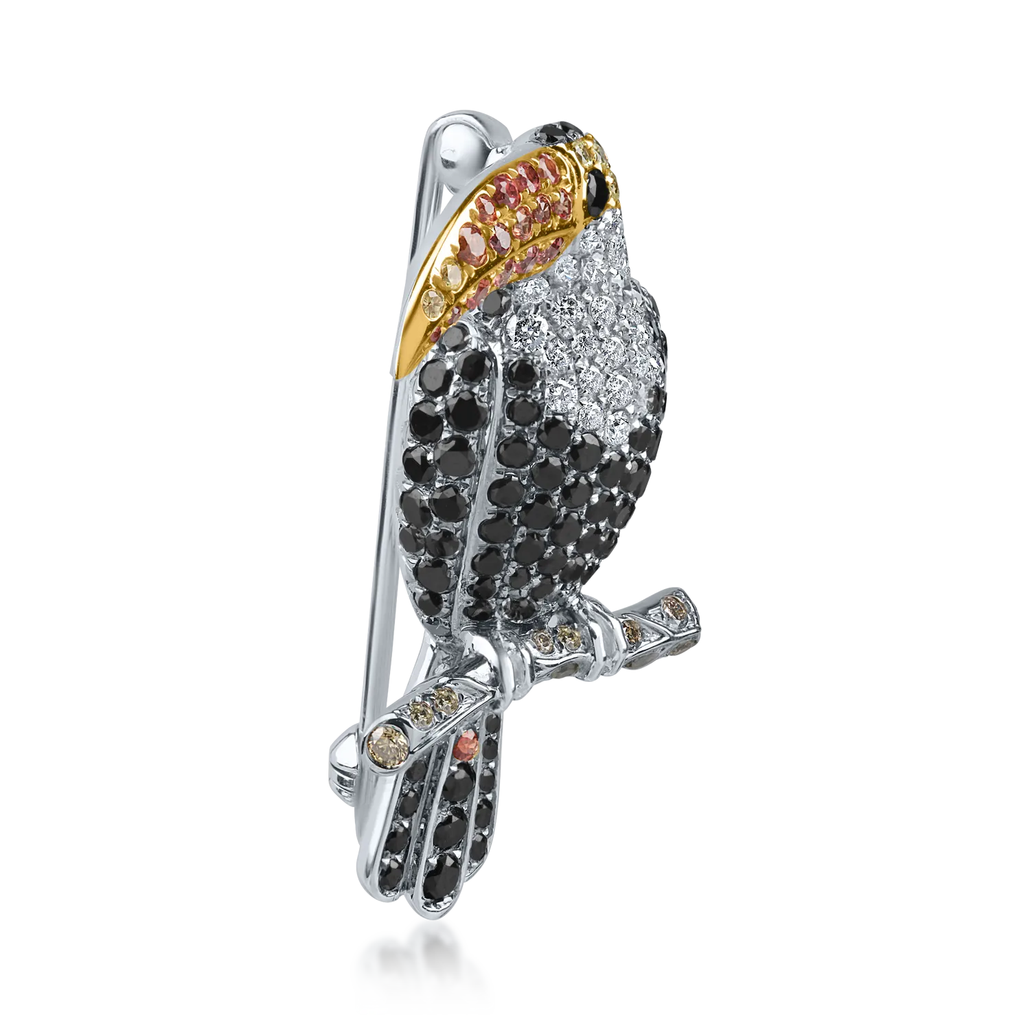 Broszka z tukanem z białego złota z diamentami o masie 1.44ct i szafirami o masie 0.27ct