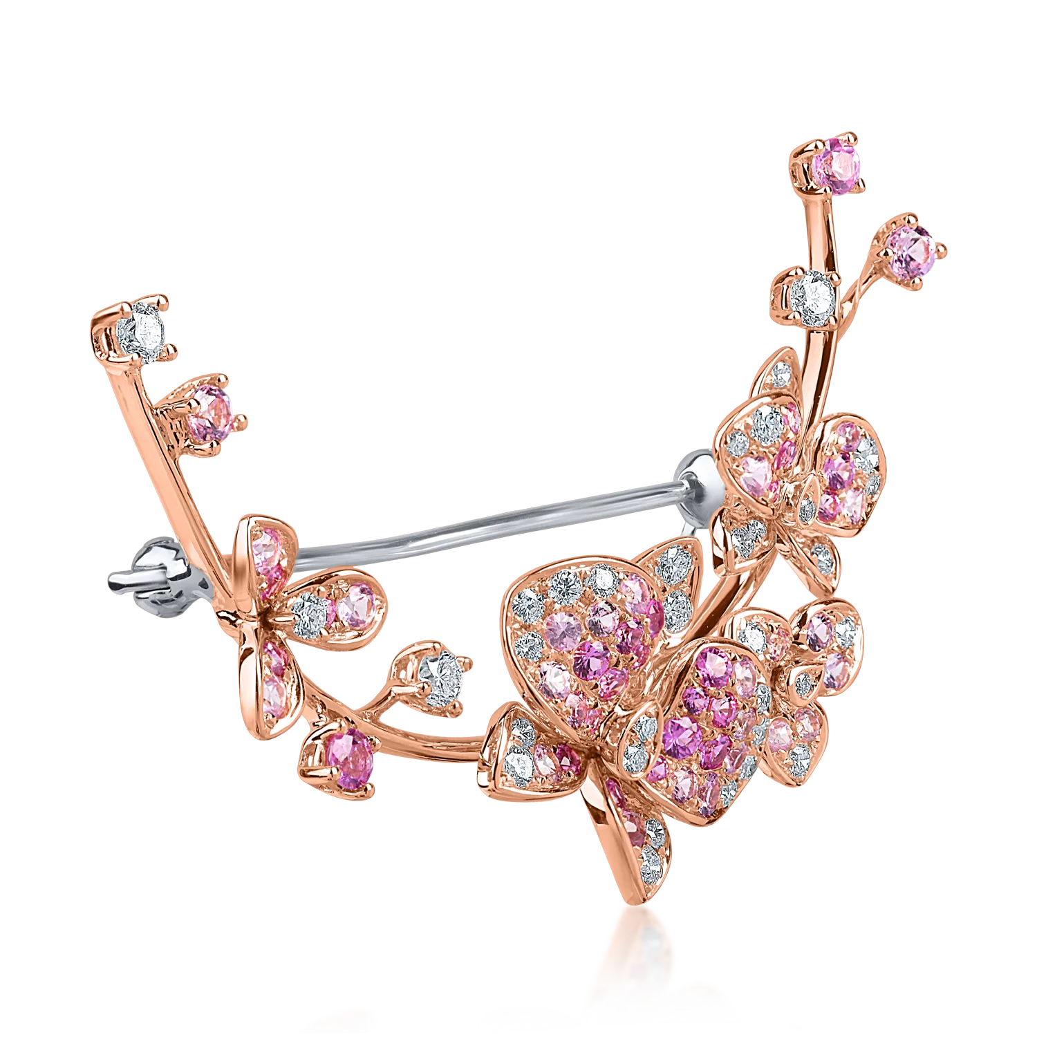 Rose gold flowers and butterflies brooch with 1.62ct pink sapphires and diamonds