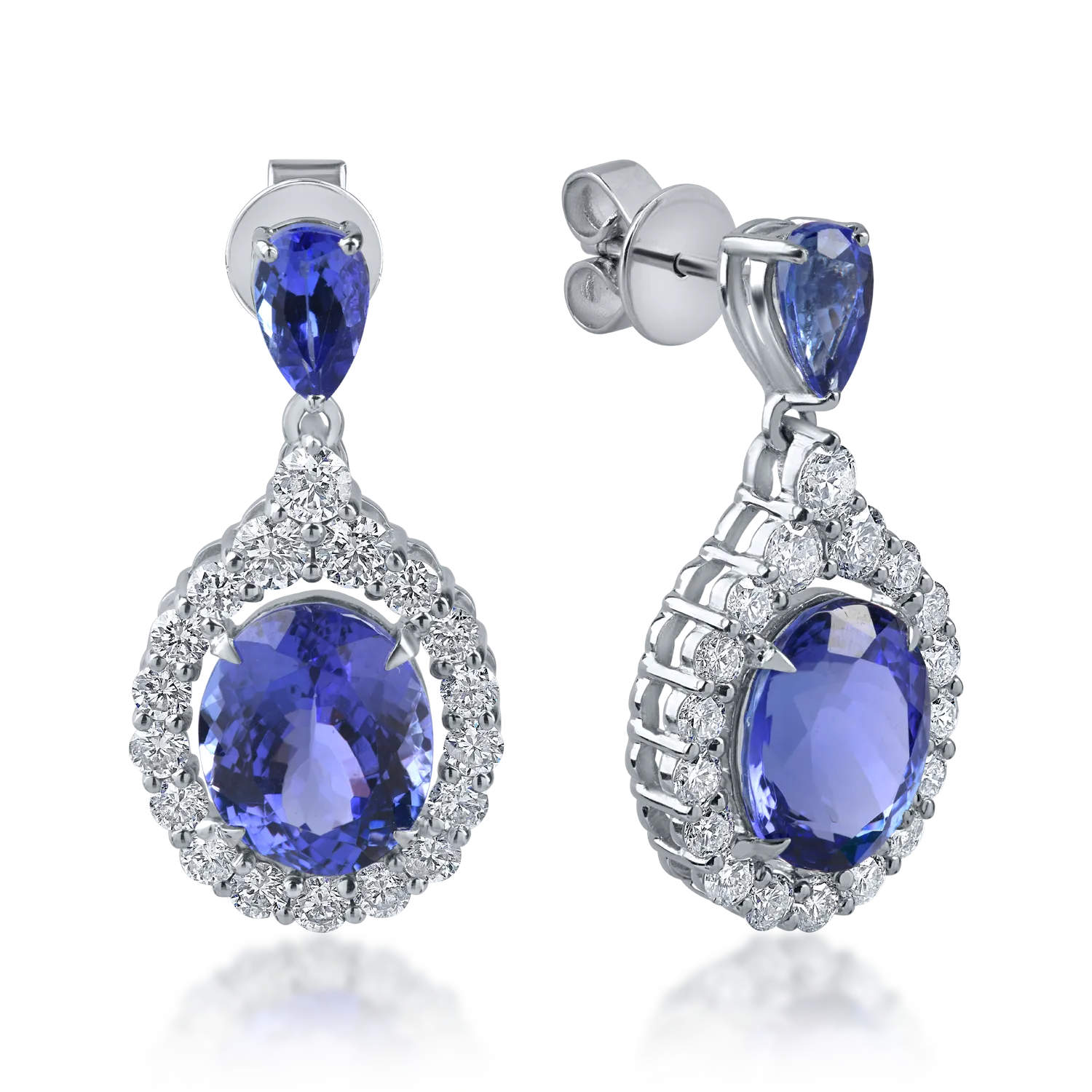 Teilor Cercei lungi din aur alb cu tanzanite pear de 6.4ct si diamante round de 1.4ct