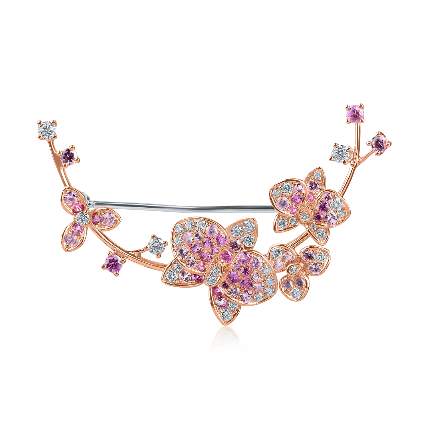 Rose gold flowers and butterflies brooch with 1.62ct pink sapphires and diamonds