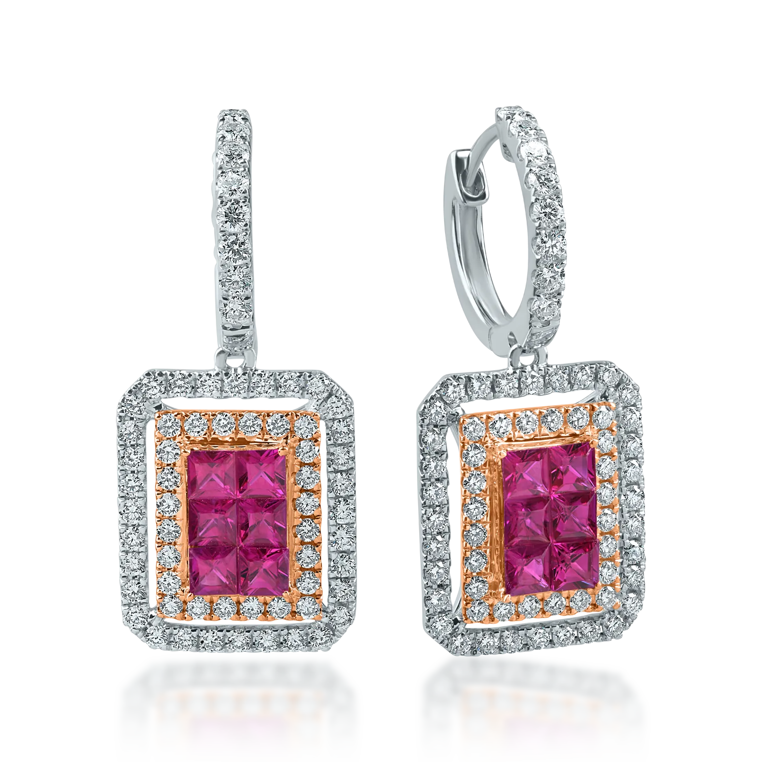 Teilor Cercei geometrici din aur alb-roz cu rubine princess de 1.3ct si diamante round de 1.1ct
