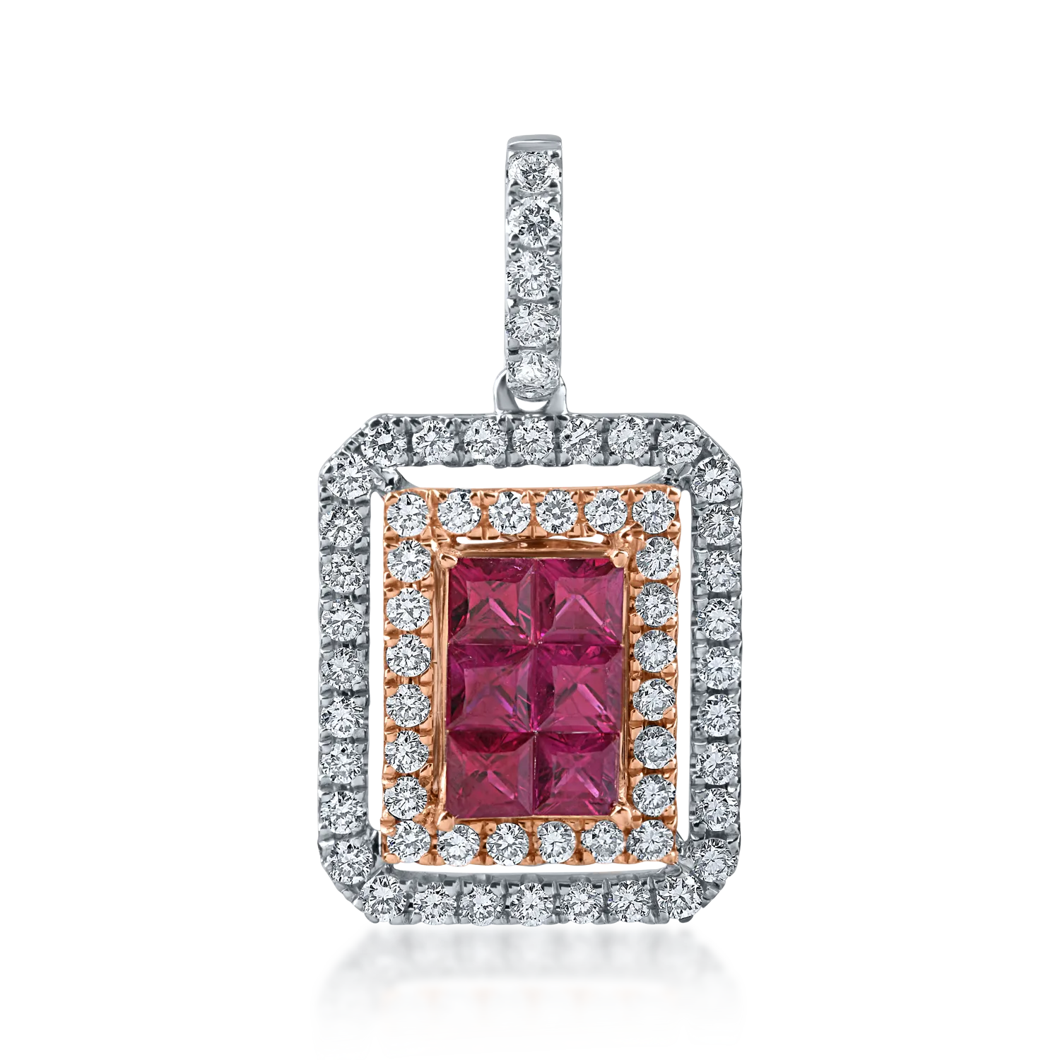 Pandantiv geometric din aur alb-roz cu rubine princess de 0.5ct si diamante de 0.5ct