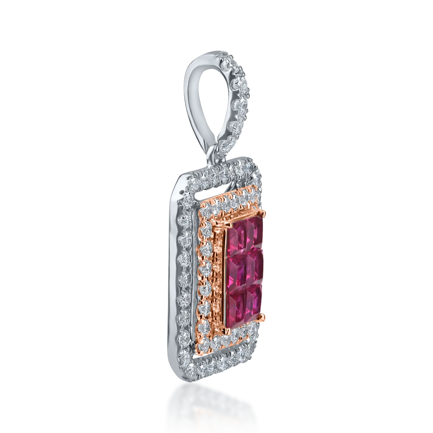 Geometryczny wisiorek z białego i różowego złota z rubinami o masie 0.5ct i diamentami o masie 0.5ct