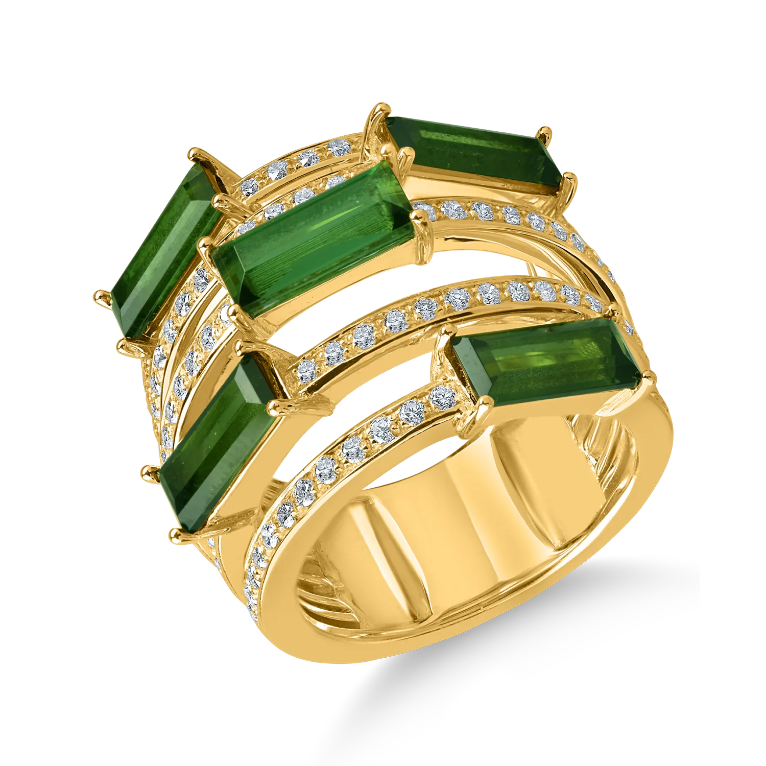 Yellow gold geometric ring with 5.66ct green tourmalines and 0.86ct diamonds