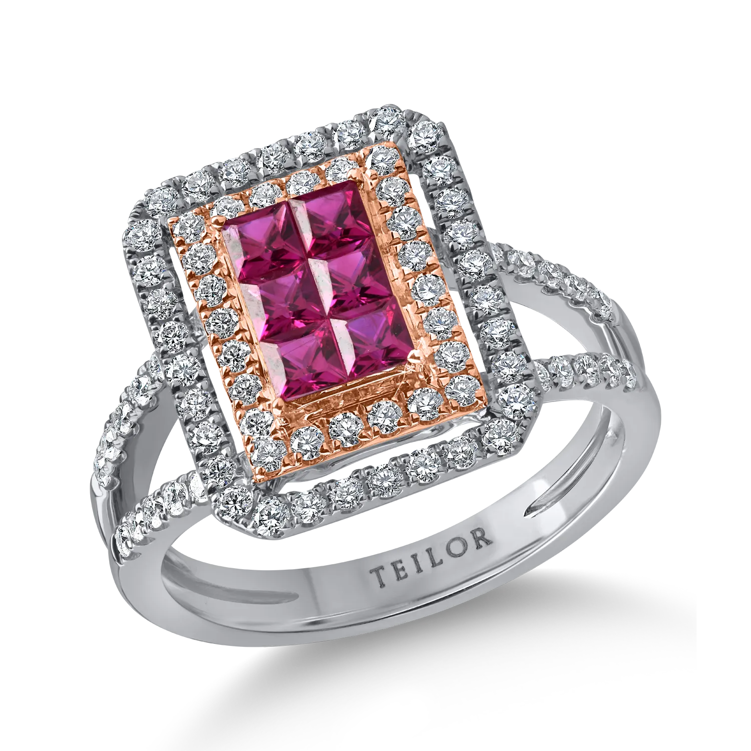 Inel geometric din aur alb-roz cu rubine princess de 0.63ct si diamante de 0.6ct