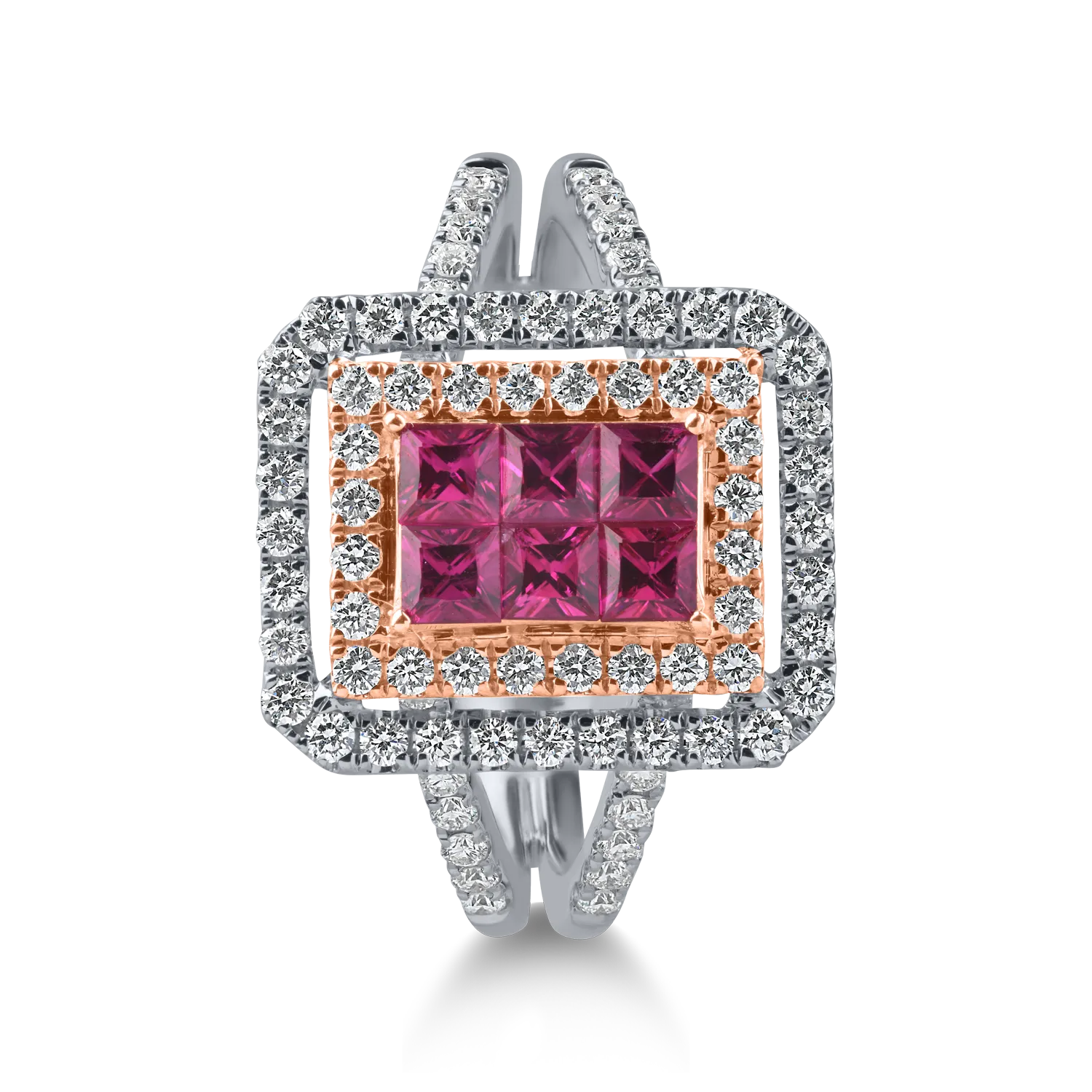 Fehér rózsa arany geometriai gyűrű 0.63ct rubinokkal és 0.6ct gyémántokkal