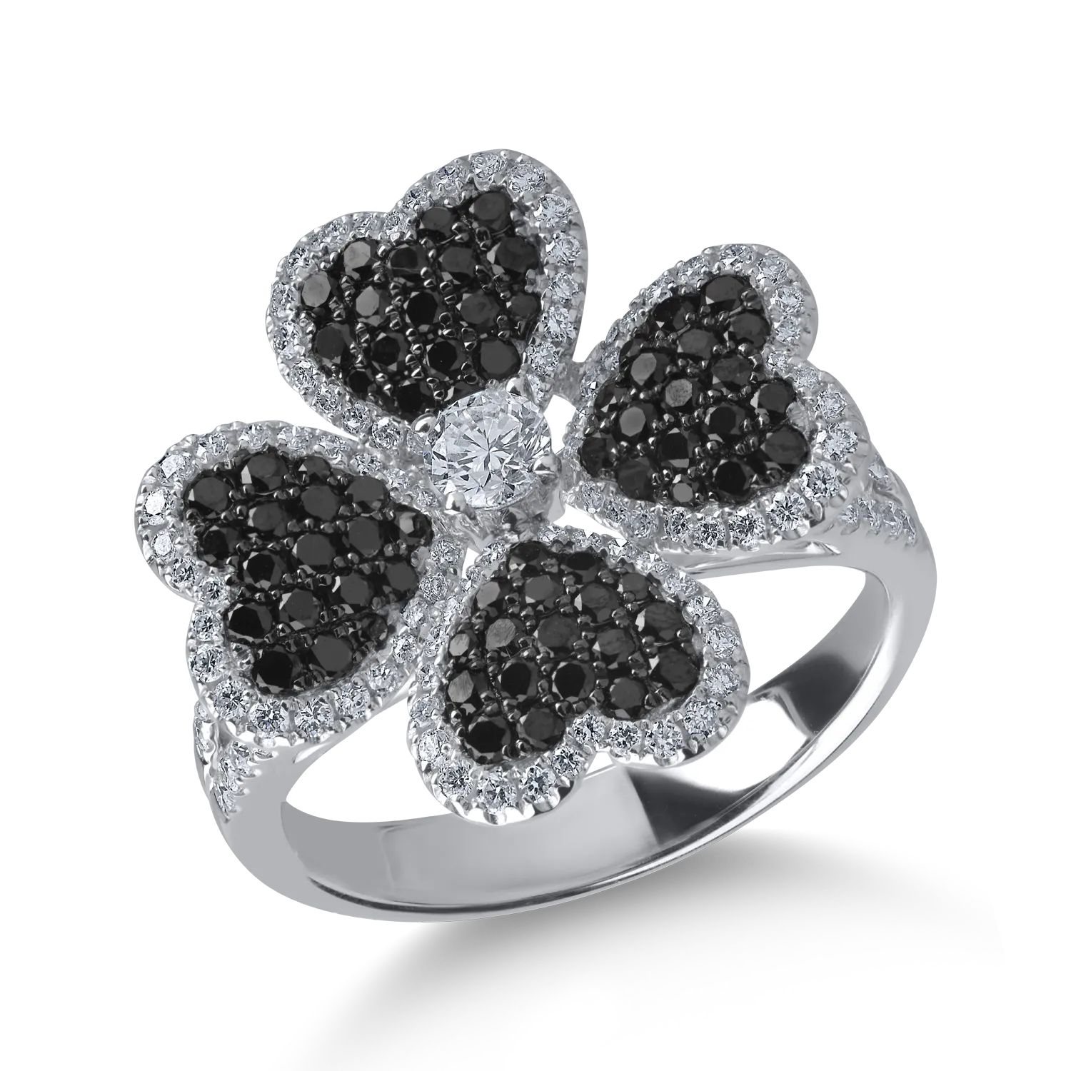 White gold clover ring with 1.2ct clear and black diamonds