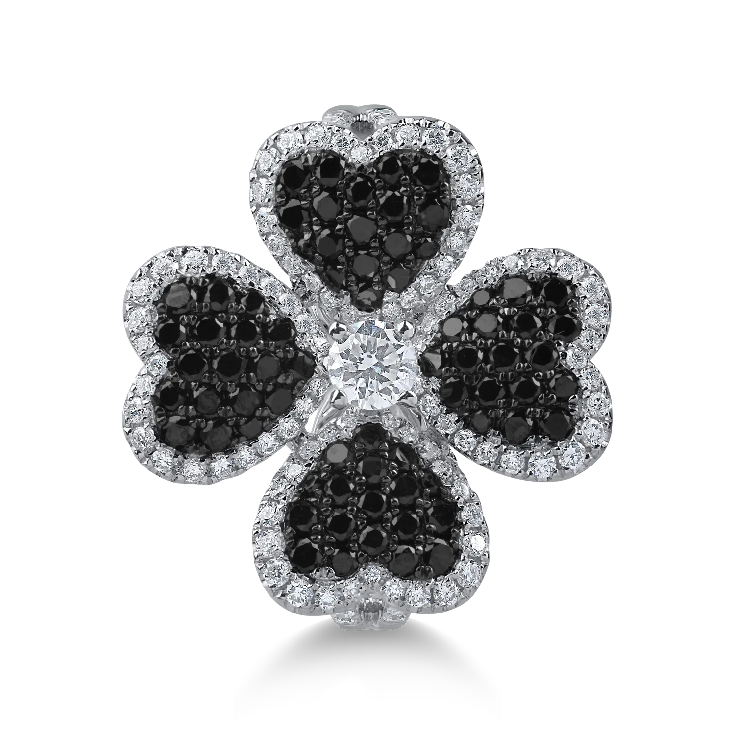 White gold clover ring with 1.2ct clear and black diamonds