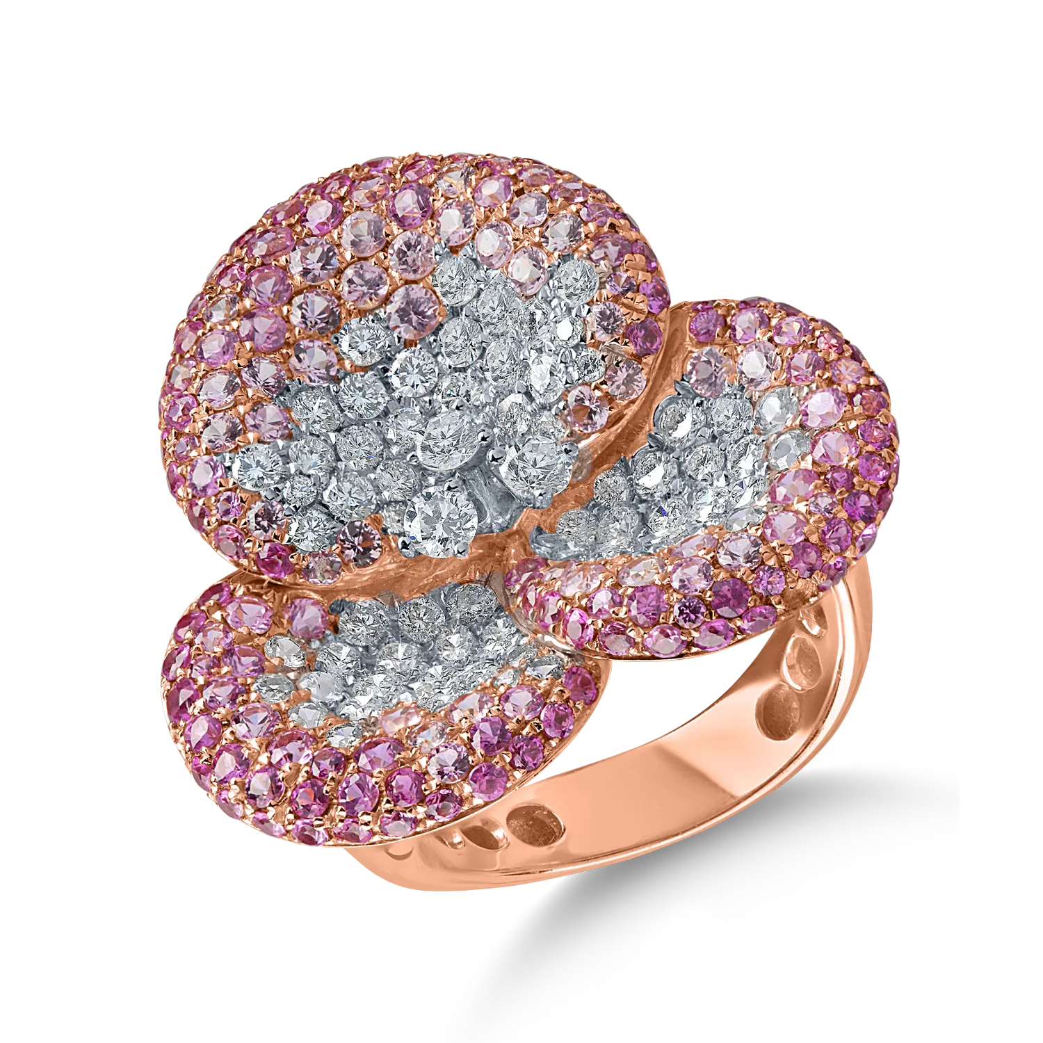 Pierścionek kwiatowy z różowego złota z 4.23ct diamentami i różowymi szafirami