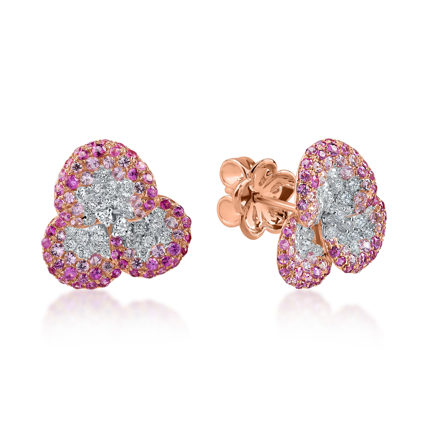 Rose gold flower earrings with 2.4ct diamonds and pink sapphires