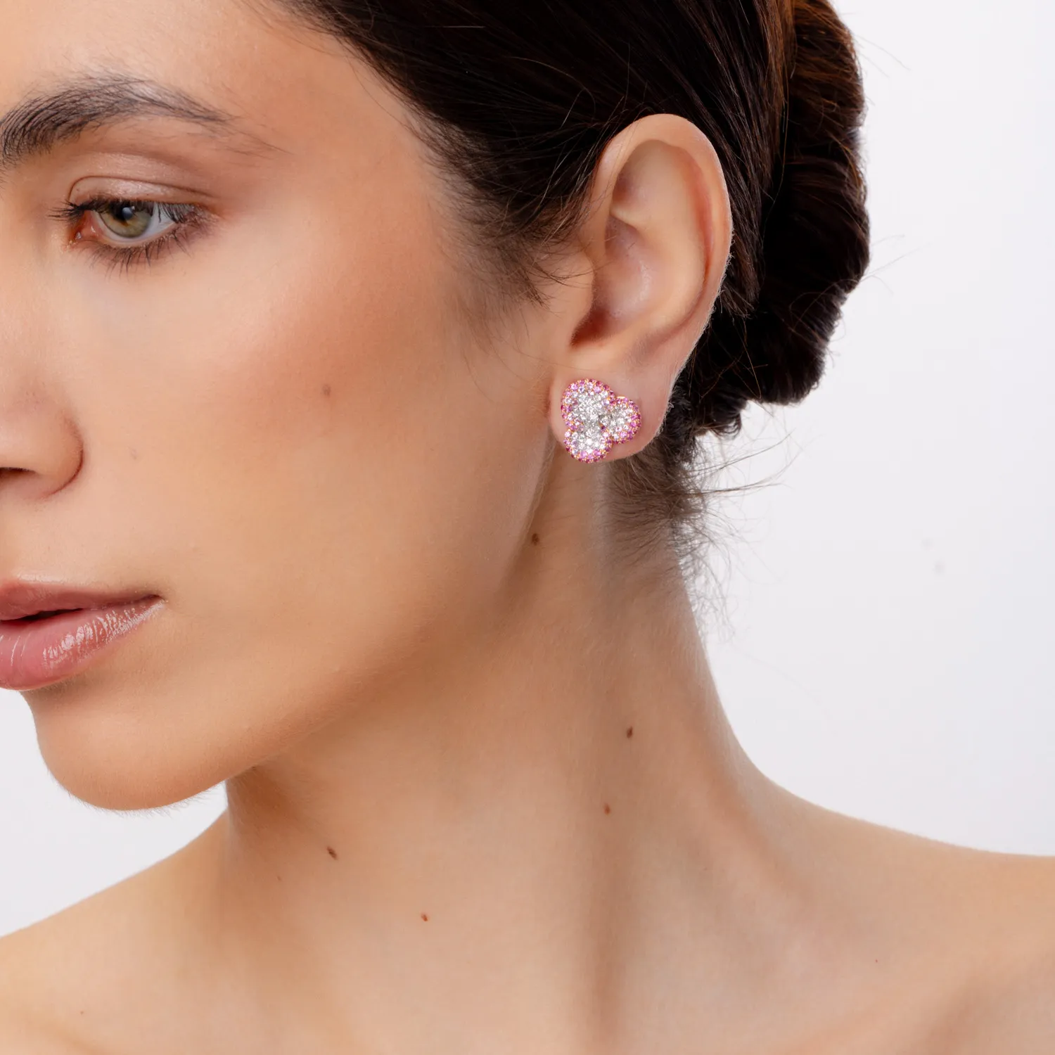 Cercei floare din aur roz cu diamante si safire roz de 2.4ct