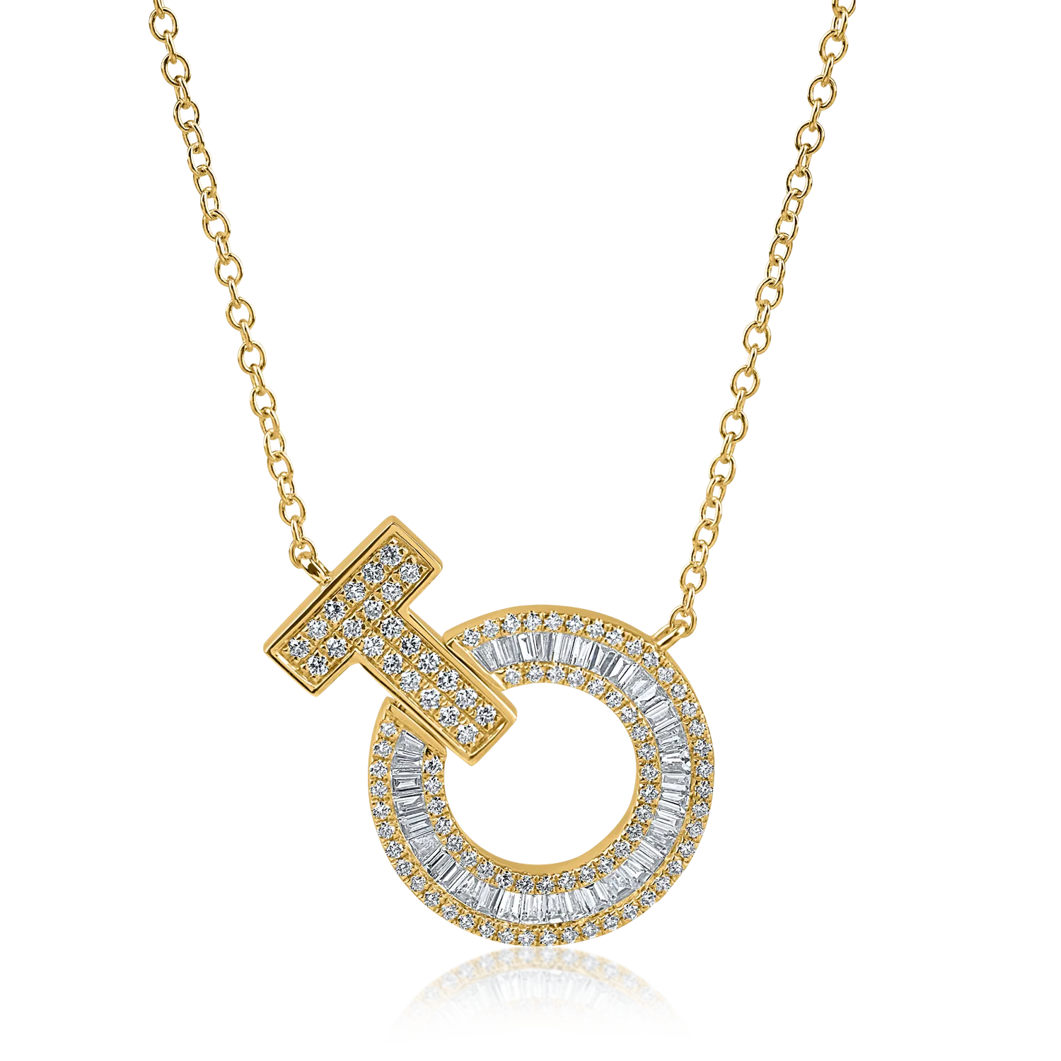 Lant cu pandantiv geometric din aur galben cu diamante baguette si rotunde de 0.6ct