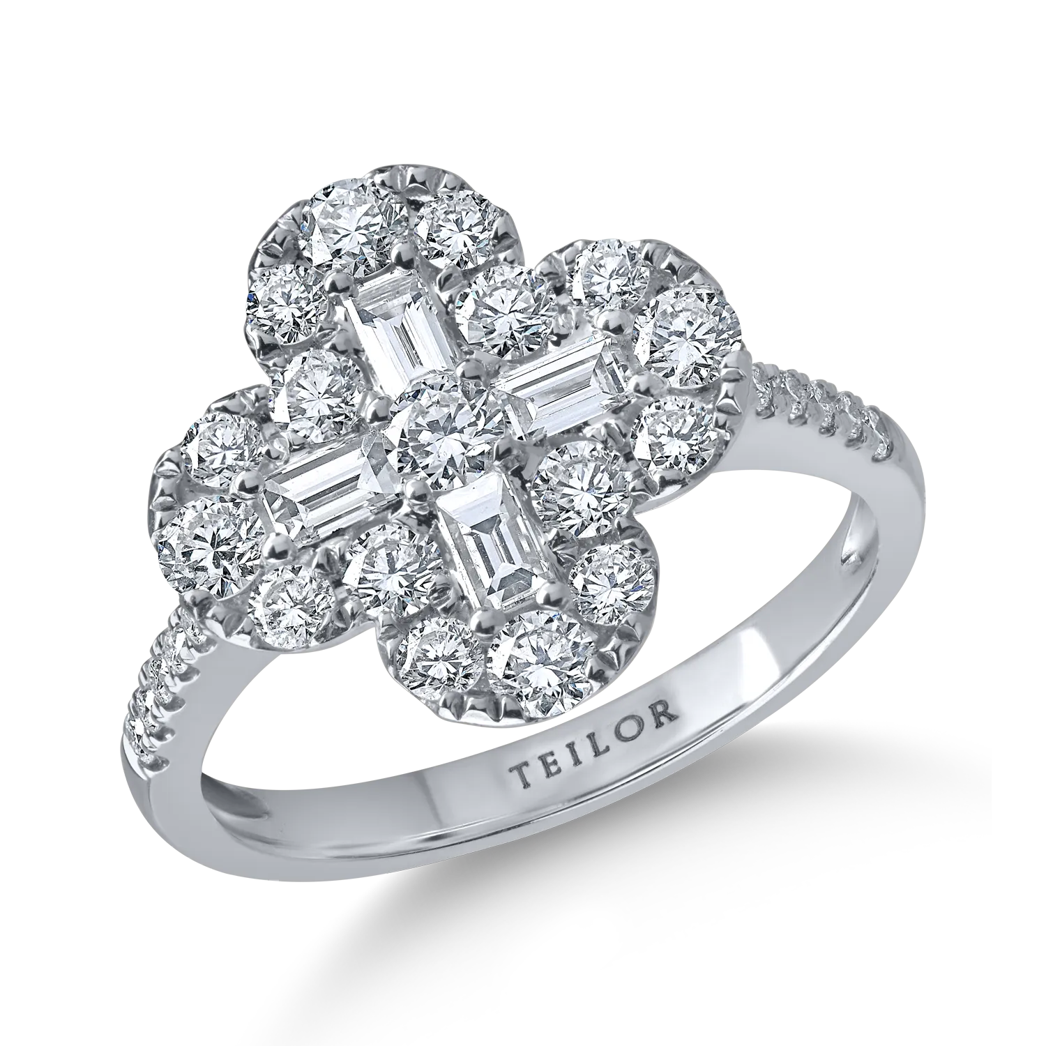 Teilor Inel geometric din aur alb cu diamante baguette si rotunde de 1.3ct
