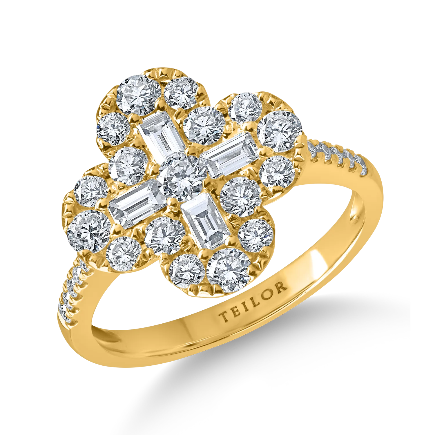 Teilor Inel floare din aur galben cu diamante baguette si rotunde de 1.3ct