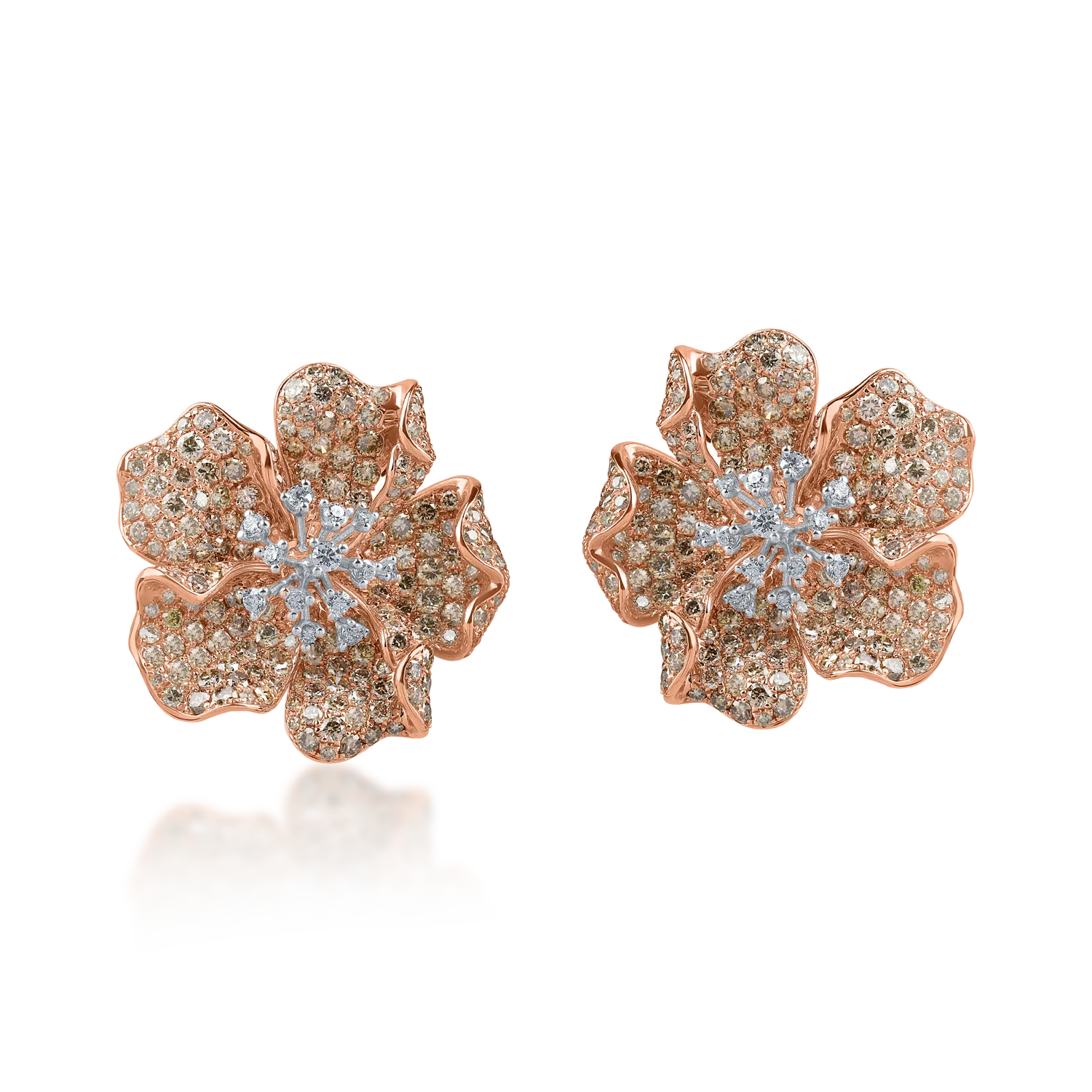 Rose gold flower earrings with 6.6ct brown and clear diamonds