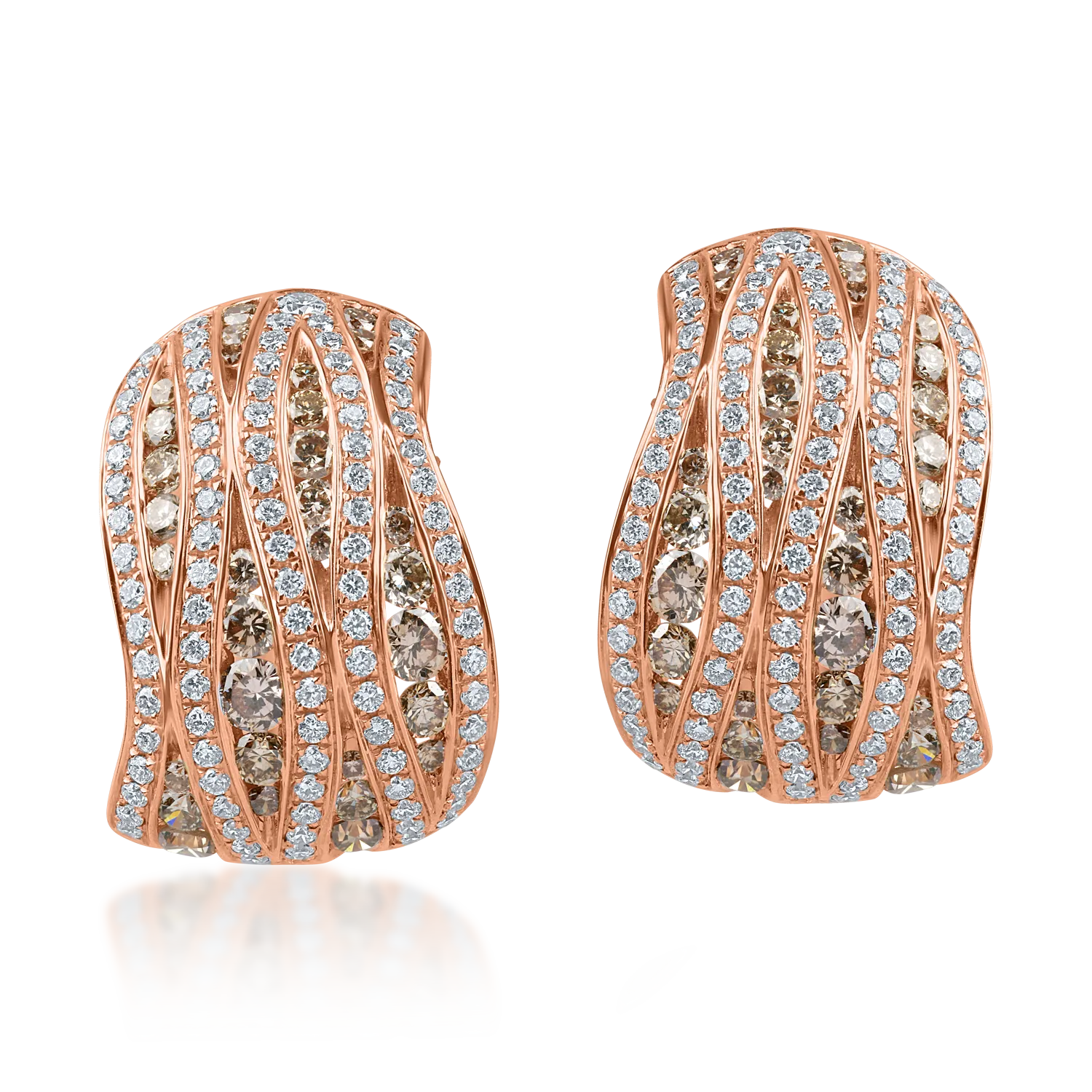 Rózsarany geometrikus fülbevaló 2.12ct barna és átlátszó gyémántokkal