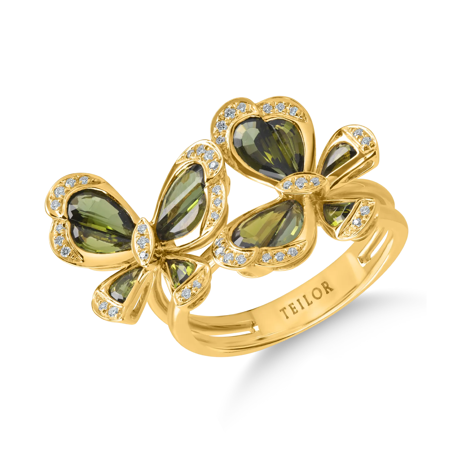 Yellow gold butterfly ring with 2.2ct green tourmalines and 0.15ct diamonds