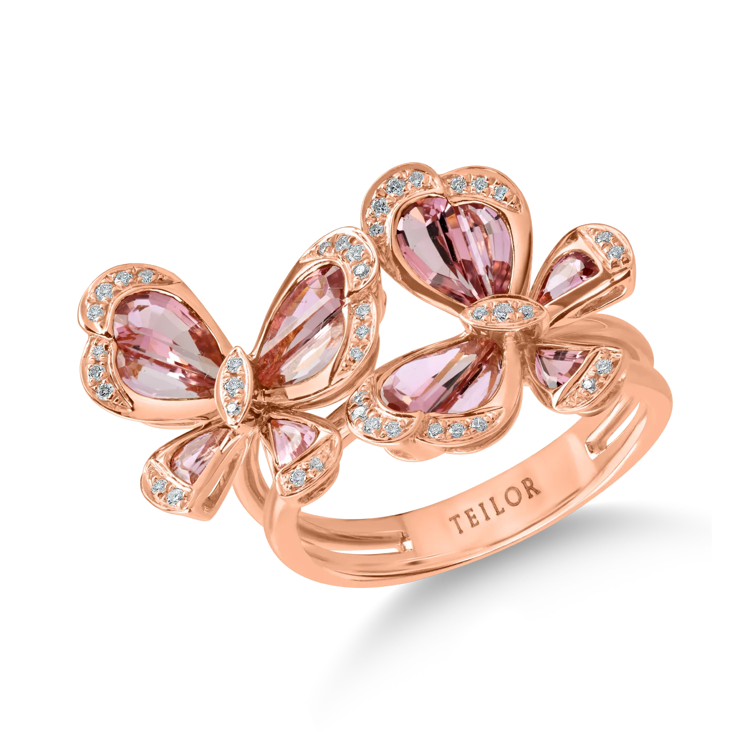 Yellow gold butterfly ring with 2.2ct pink tourmalines and 0.15ct diamonds