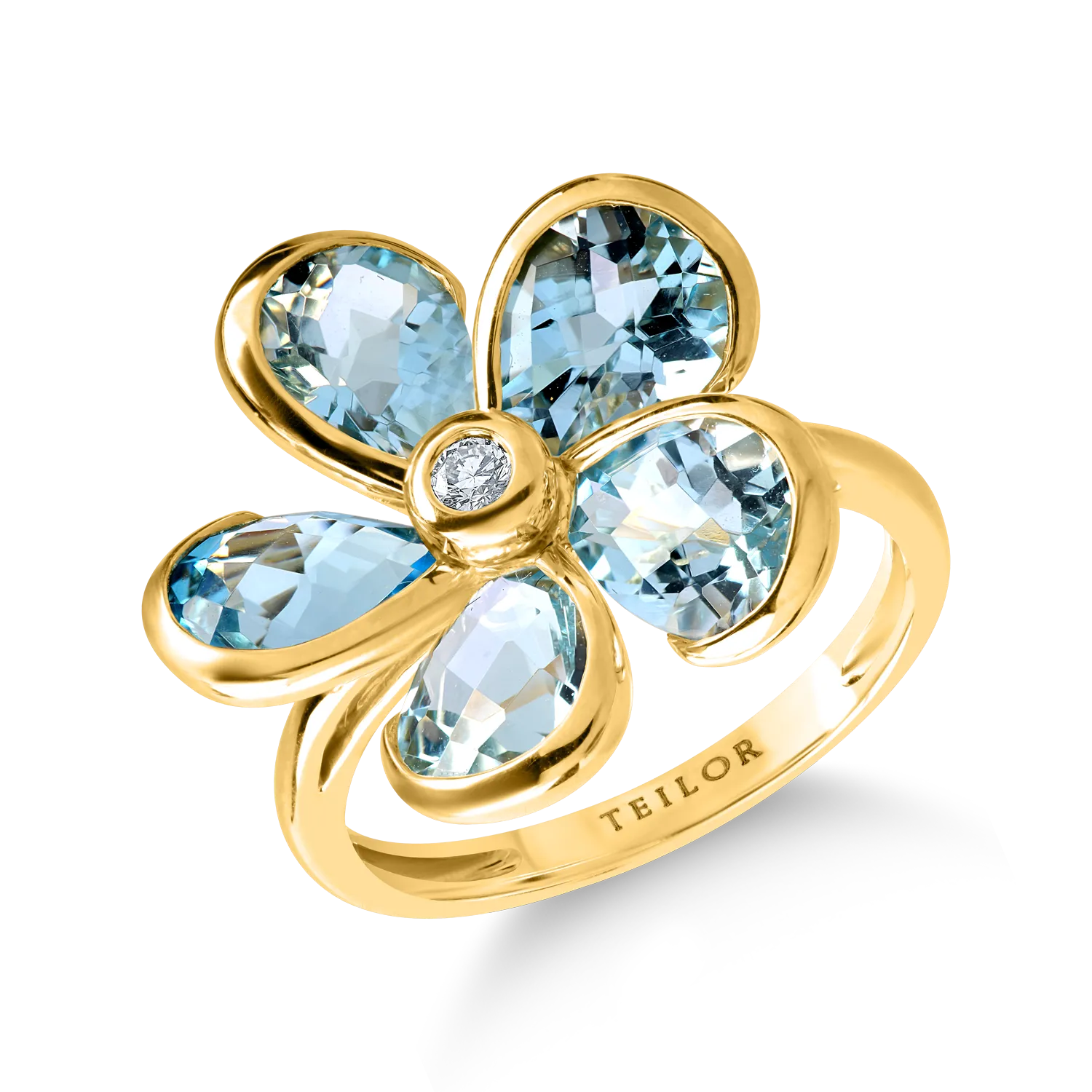 Yellow gold flower ring with 5.8ct blue topaz and 0.06ct diamonds