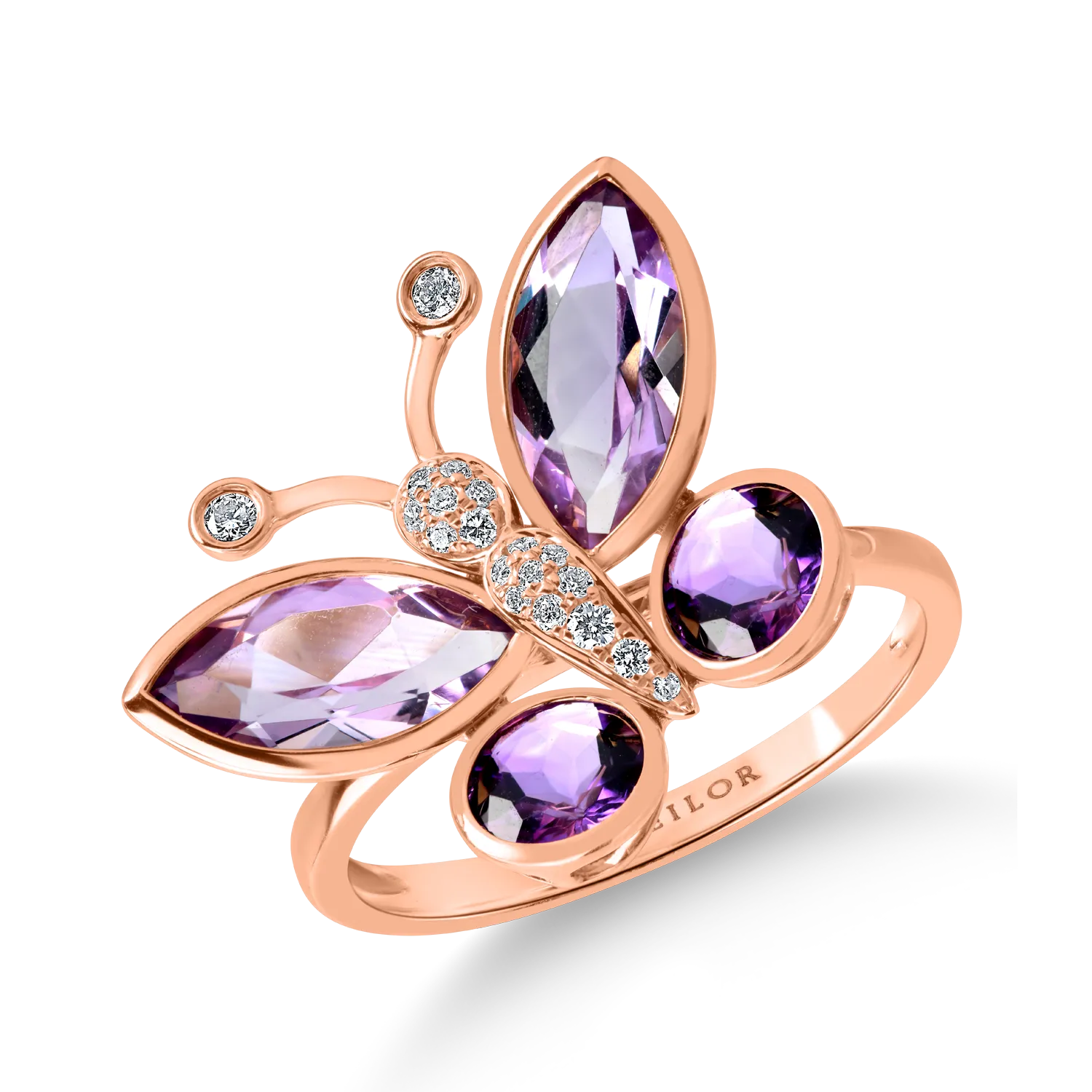 Rose gold butterfly ring with 2.8ct amethysts and 0.11ct diamonds