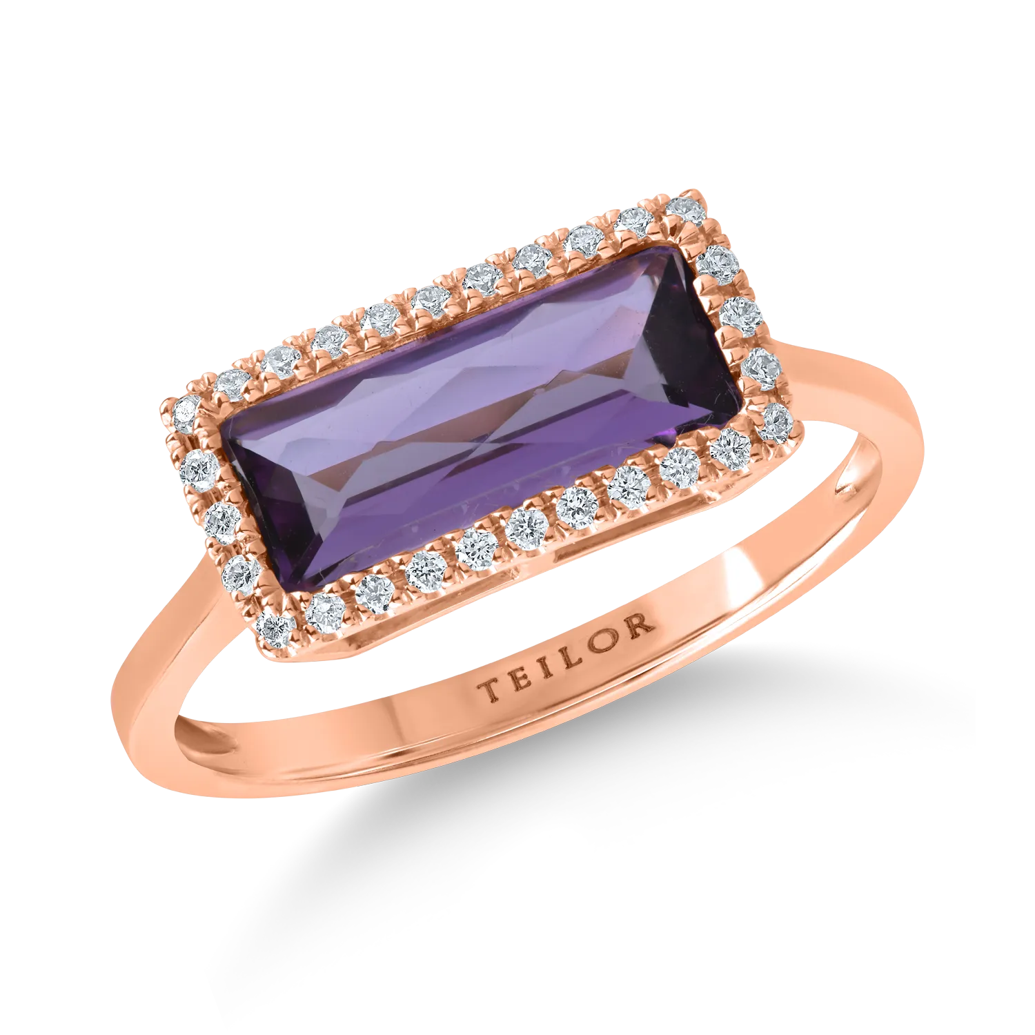 Rose gold geometric ring with a 1.3ct amethyst and 0.13ct diamonds