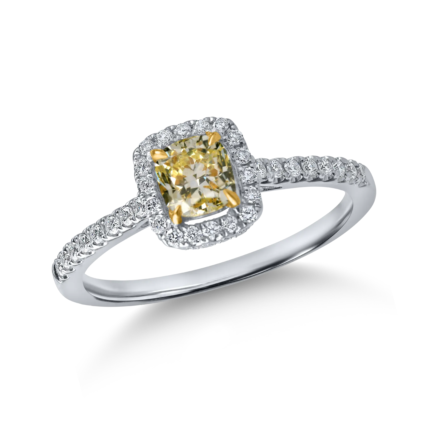 Inel din aur alb-galben cu diamante fancy galbene si incolore de 0.9ct