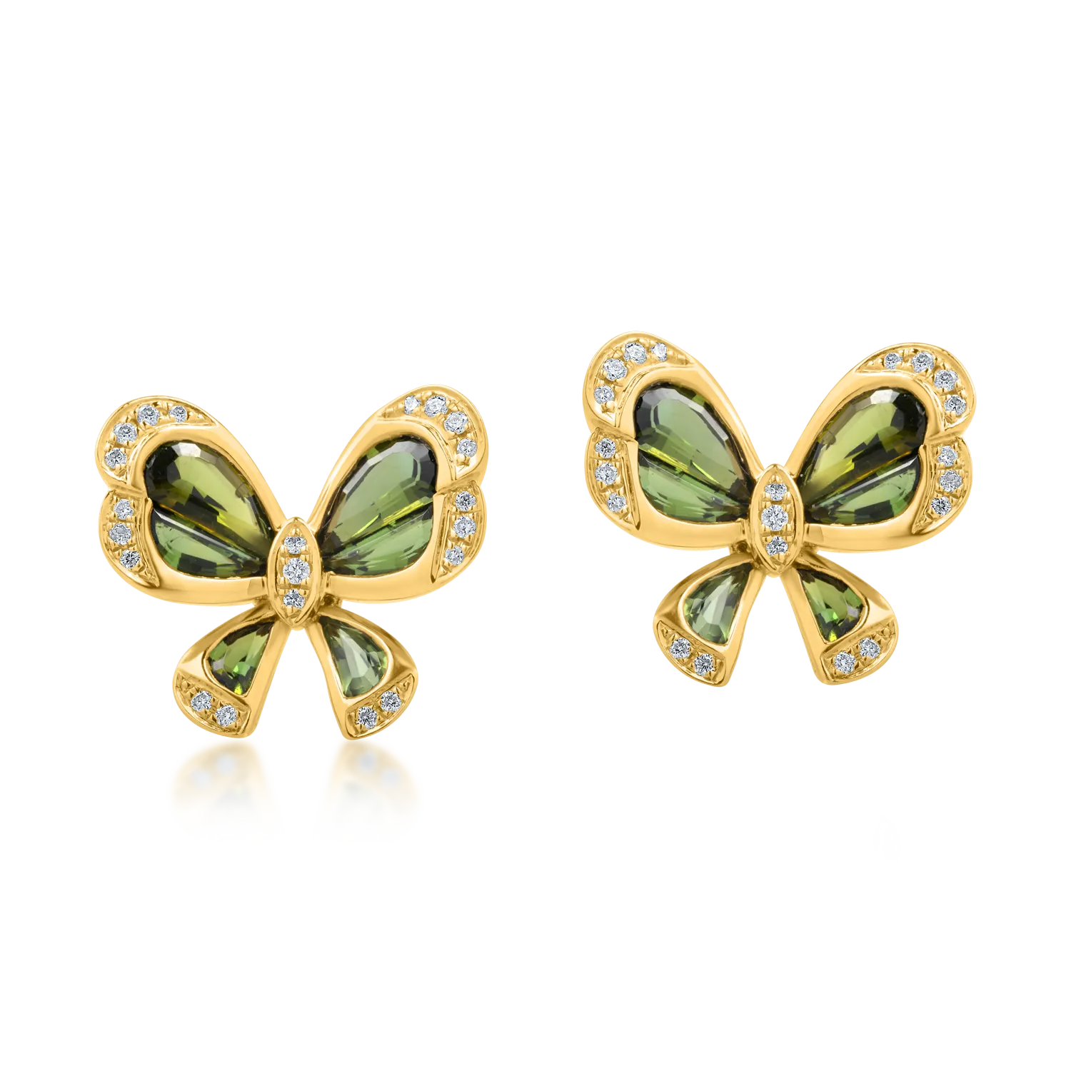 Yellow gold butterfly earrings with 2.2ct green tourmalines and 0.15ct diamonds