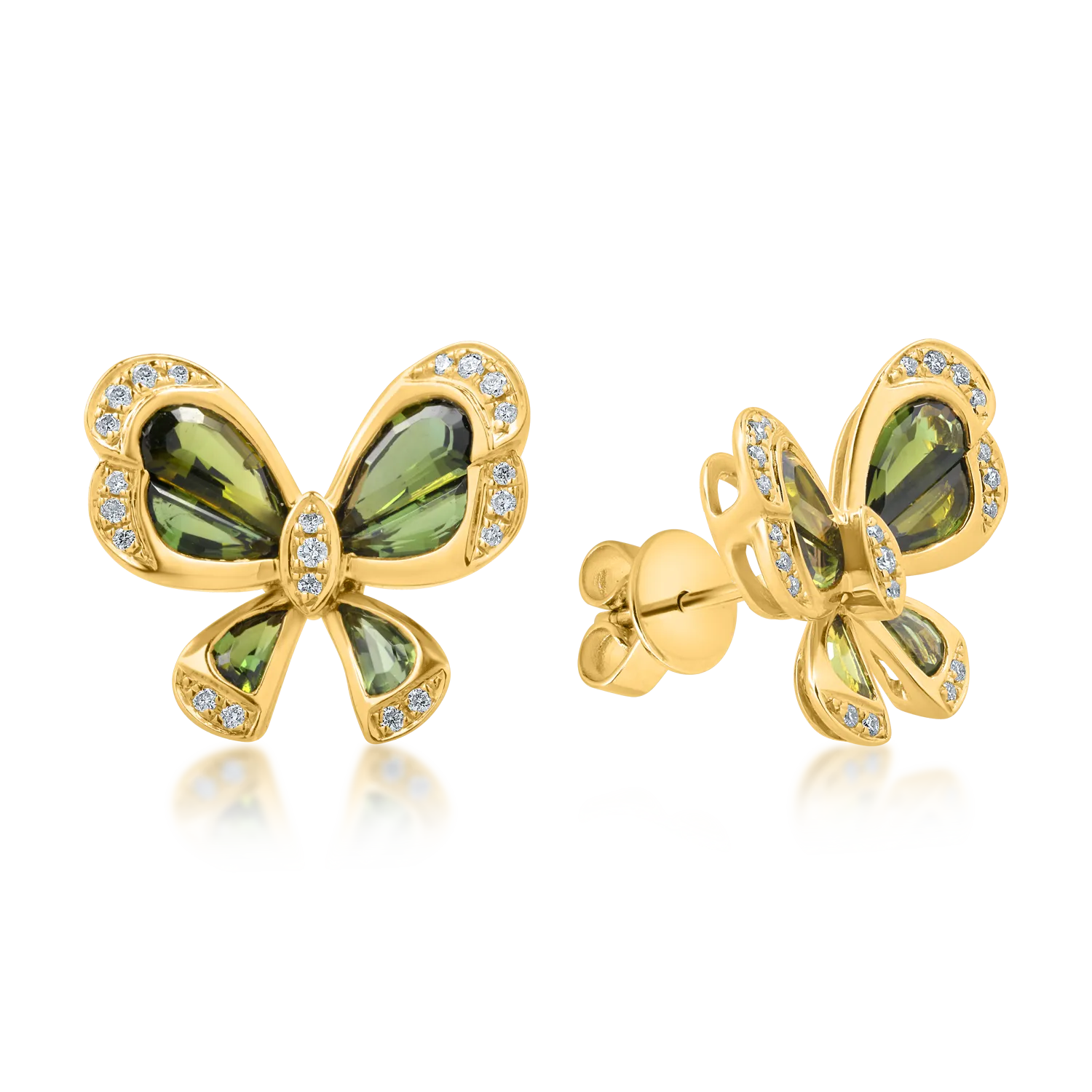 Yellow gold butterfly earrings with 2.2ct green tourmalines and 0.15ct diamonds