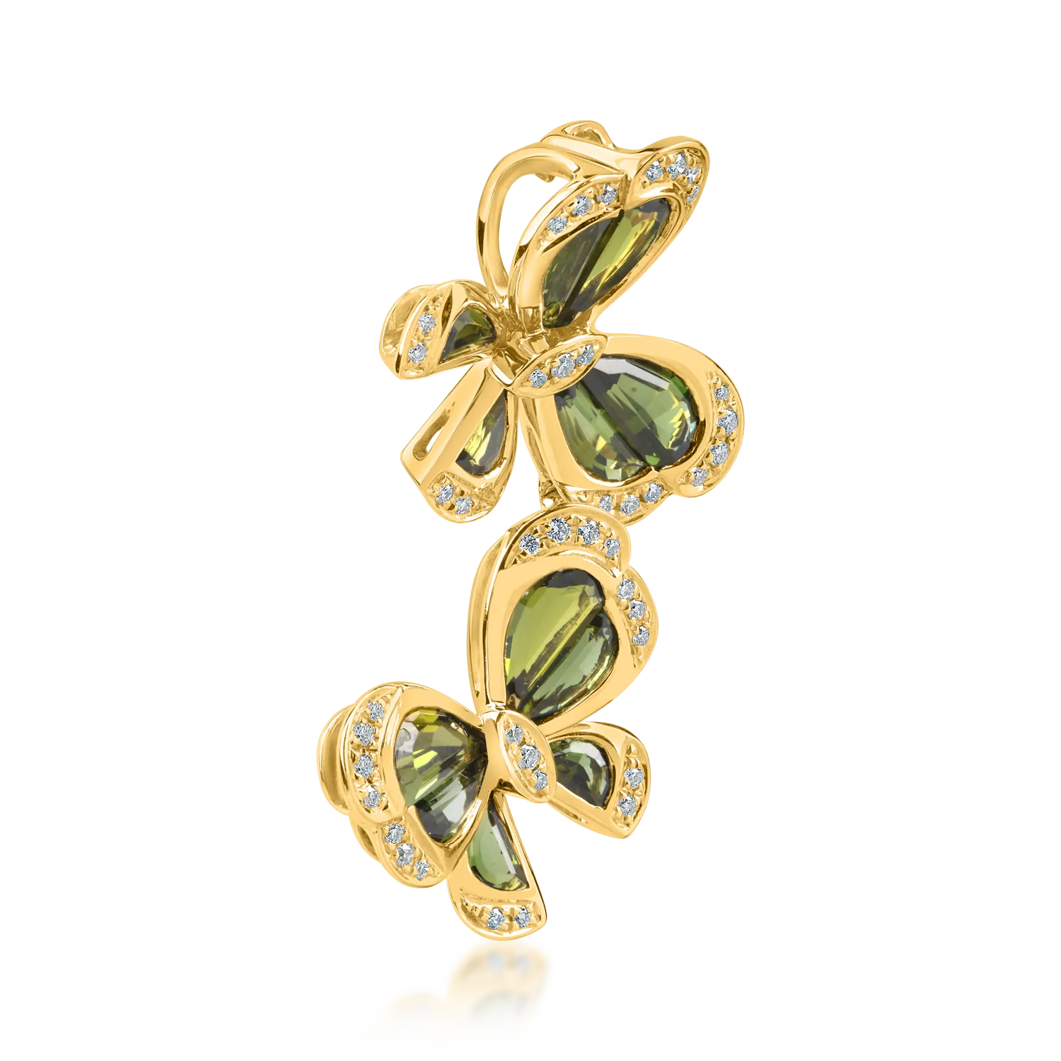 Yellow gold butterfly pendant with 2.2ct green tourmalines and 0.15ct diamonds