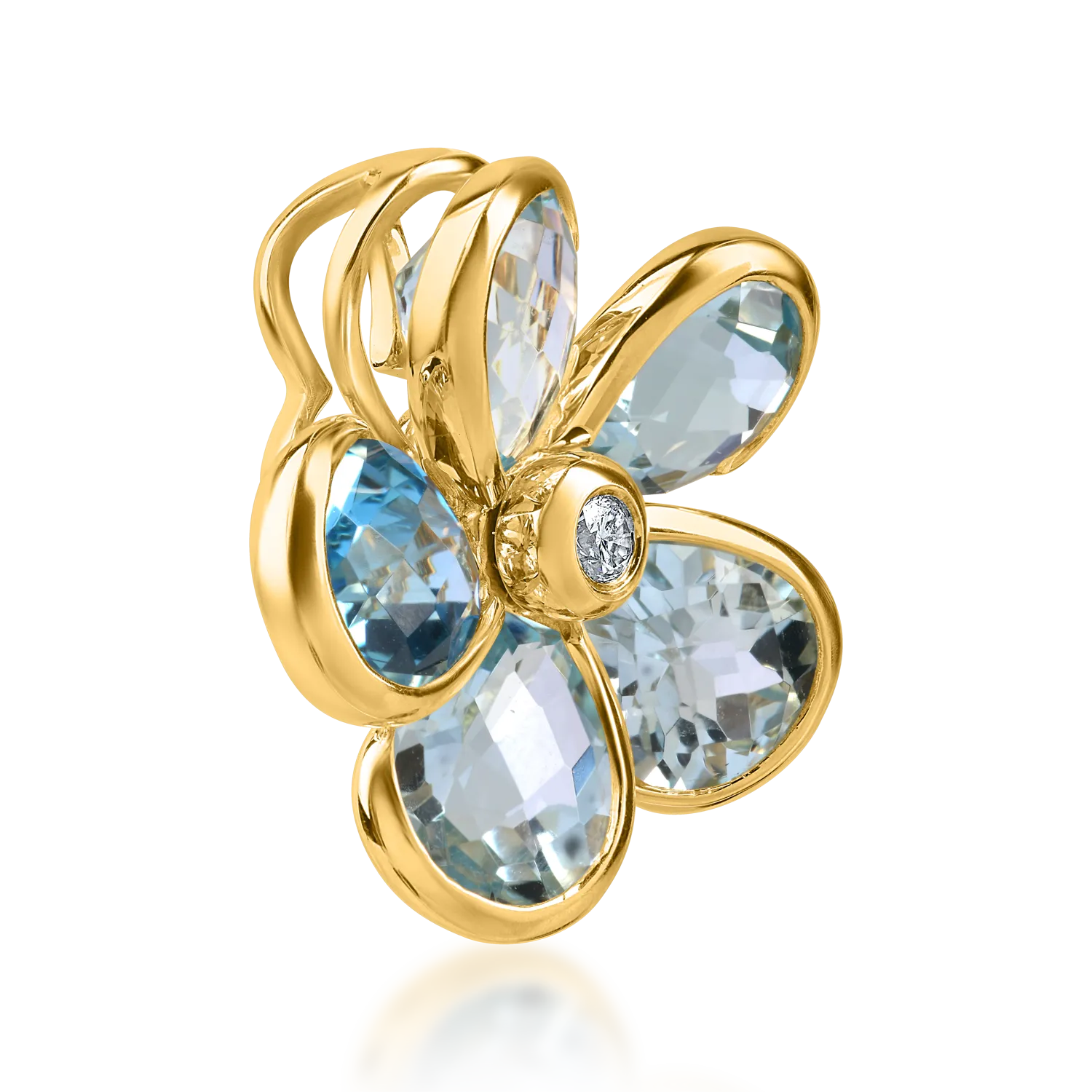 Yellow gold flower pendant with 6.8ct blue topaz and 0.06ct diamonds