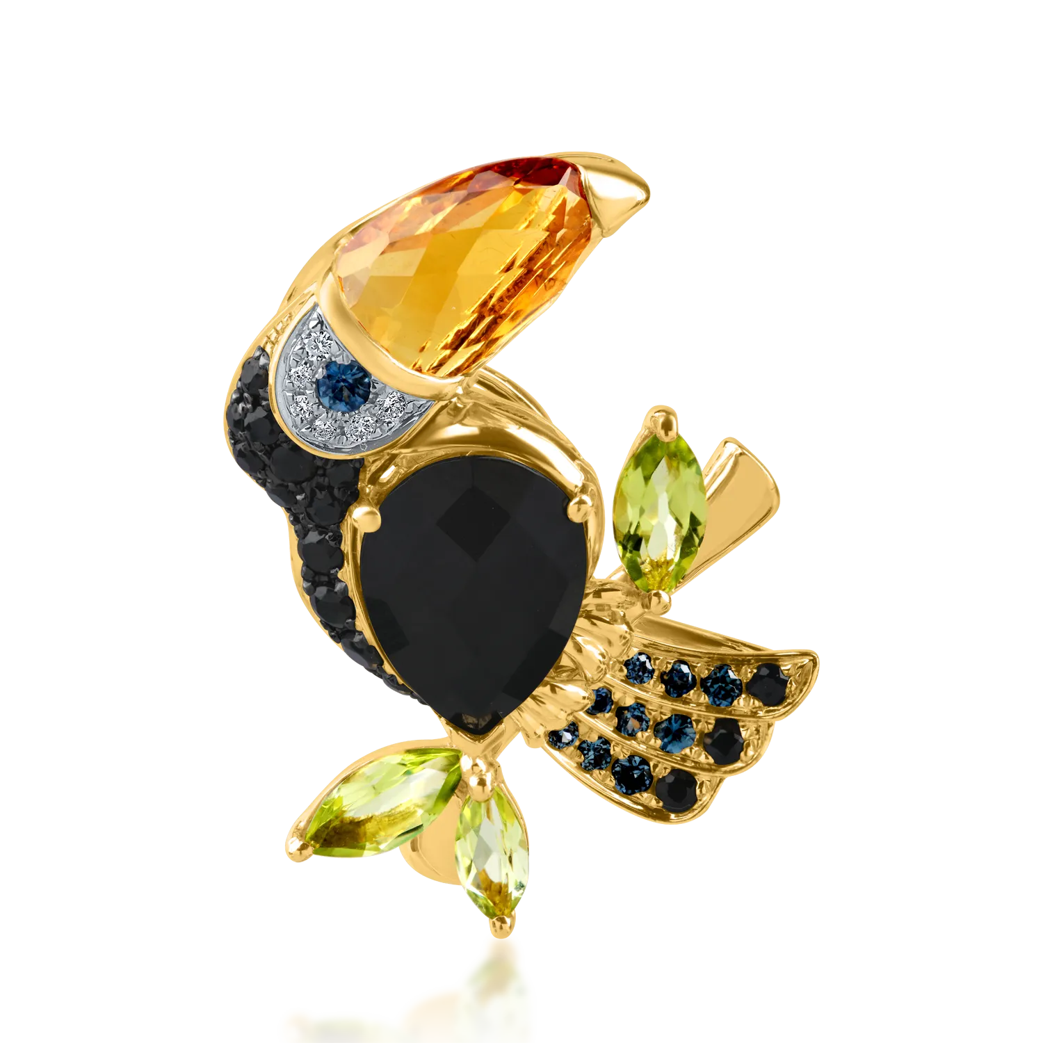 Yellow gold toucan pendant with 4.34 ct precious and semi-precious stones