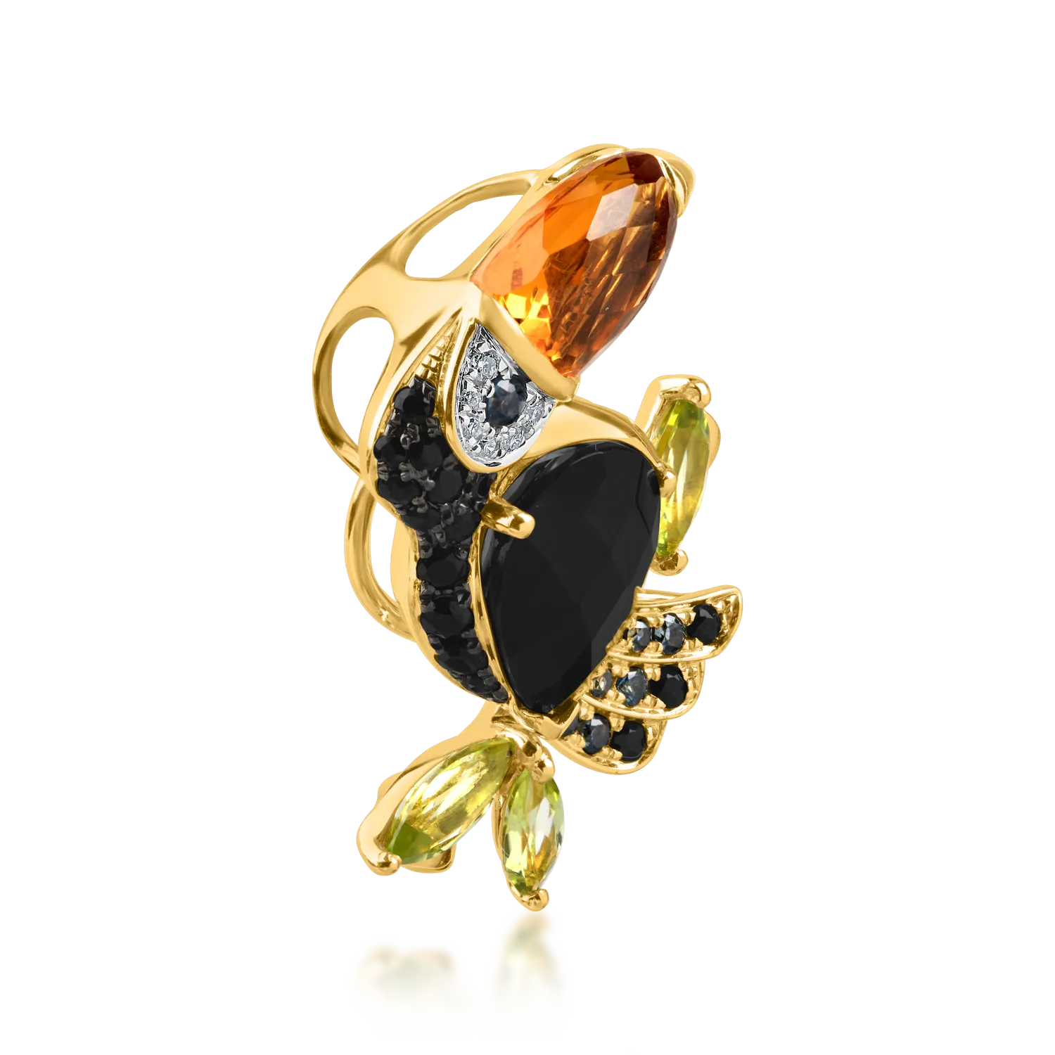 Yellow gold toucan pendant with 4.34 ct precious and semi-precious stones