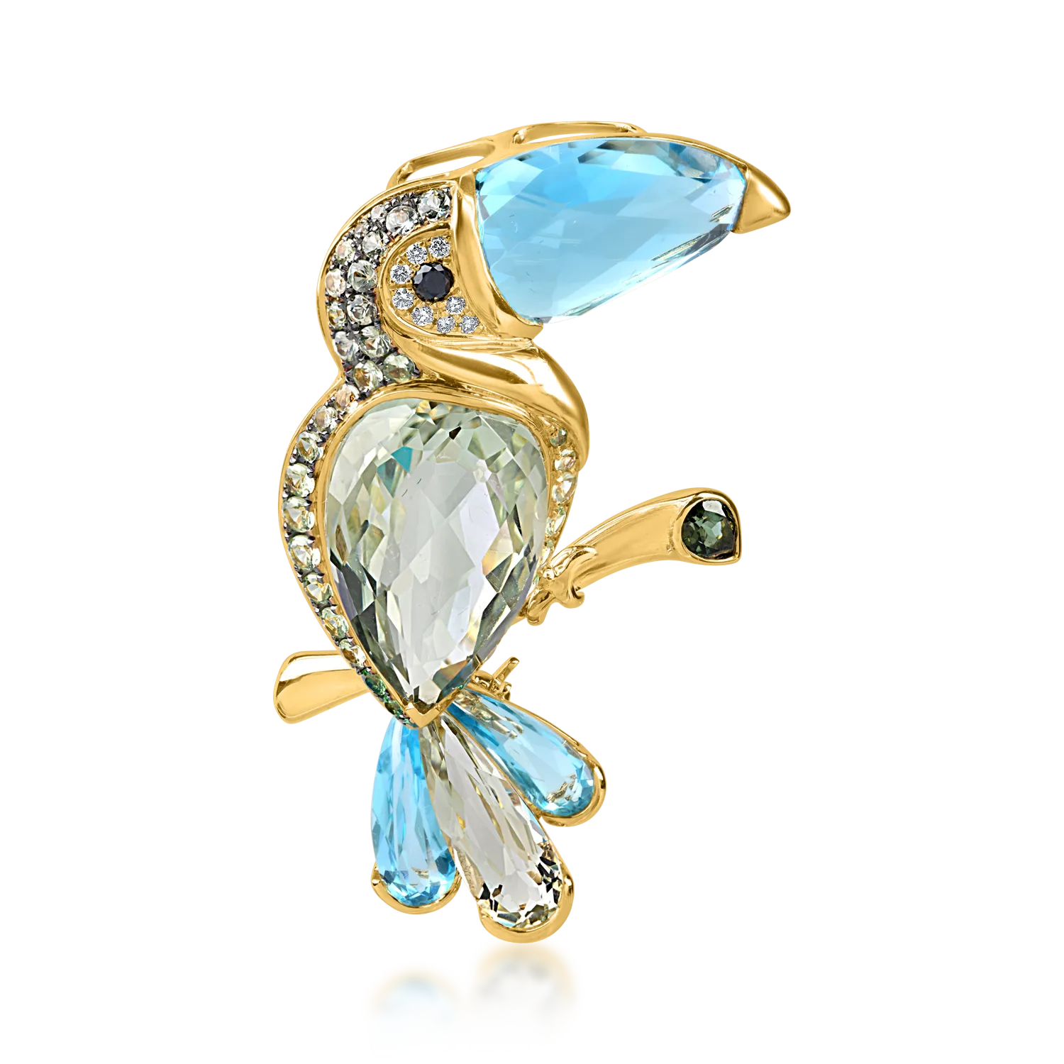 Yellow gold toucan pendant with 19.14 ct precious and semi-precious stones