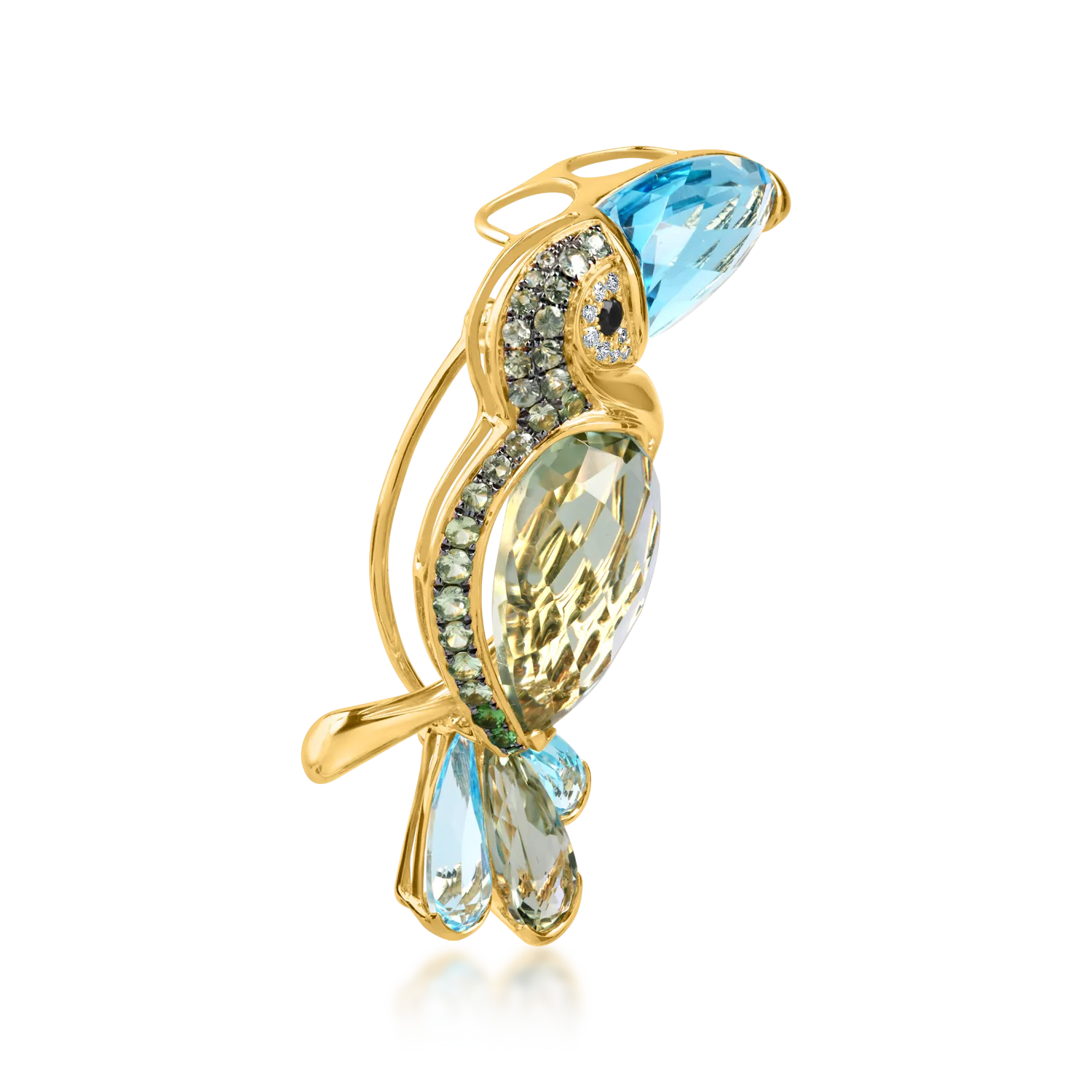 Yellow gold toucan pendant with 19.14 ct precious and semi-precious stones