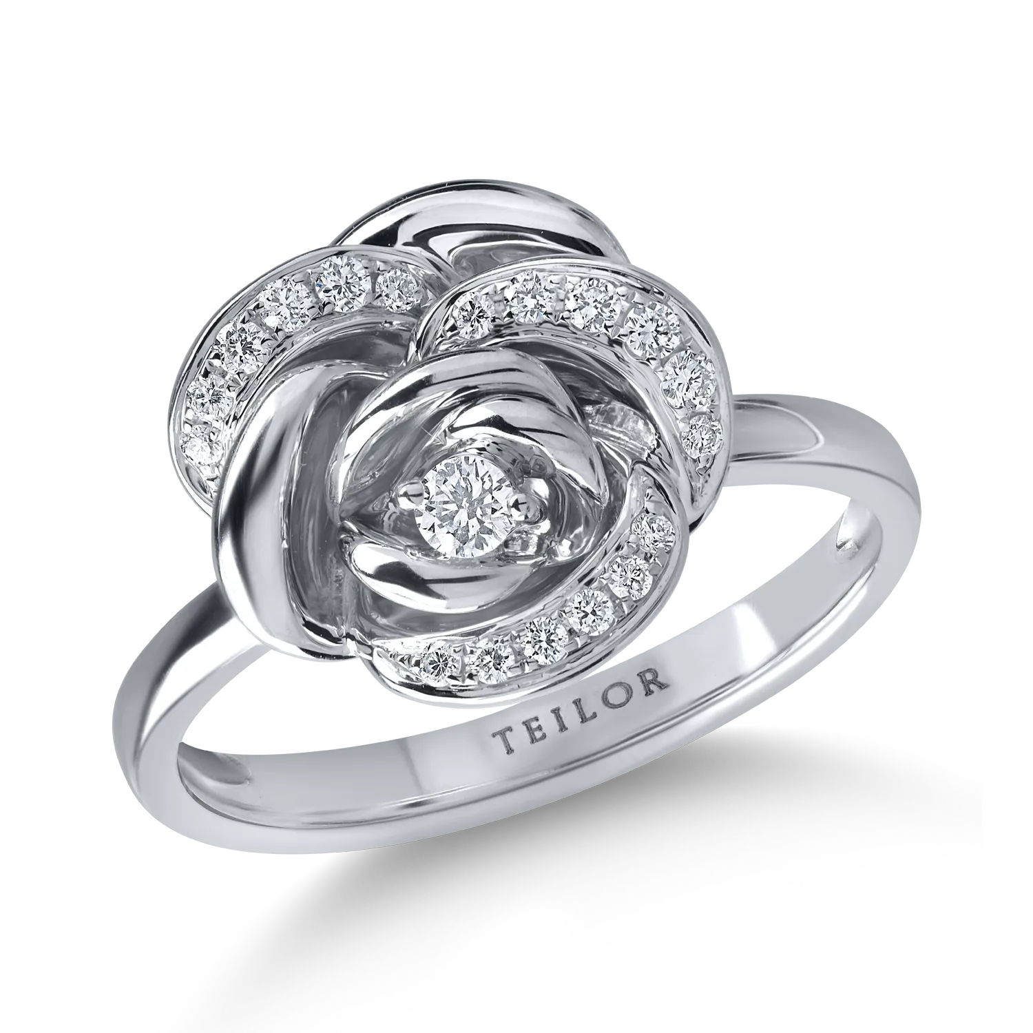 White gold flower ring with 0.1ct microsetting diamonds