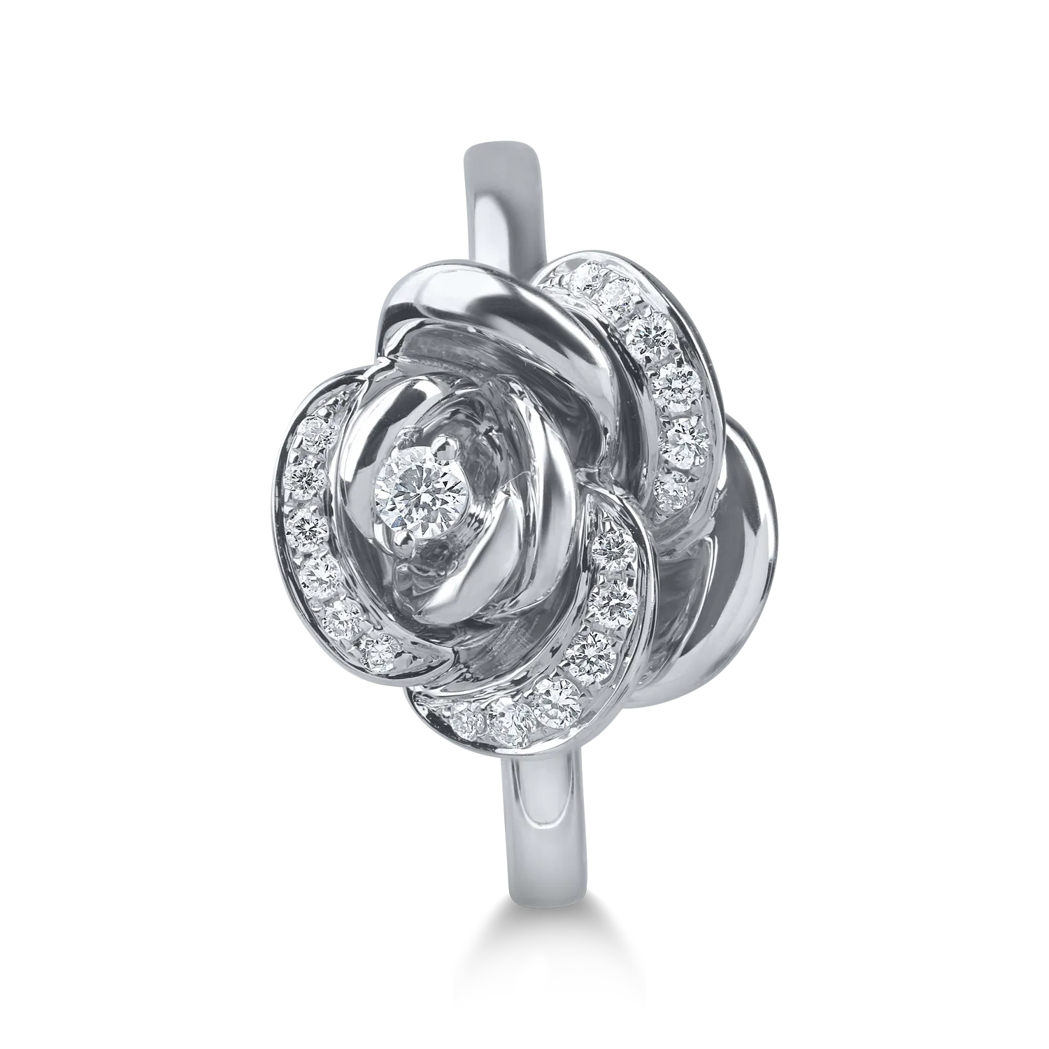 Pierścionek kwiatowy z białego złota z diamentami mikrosetującymi o masie 0.1ct